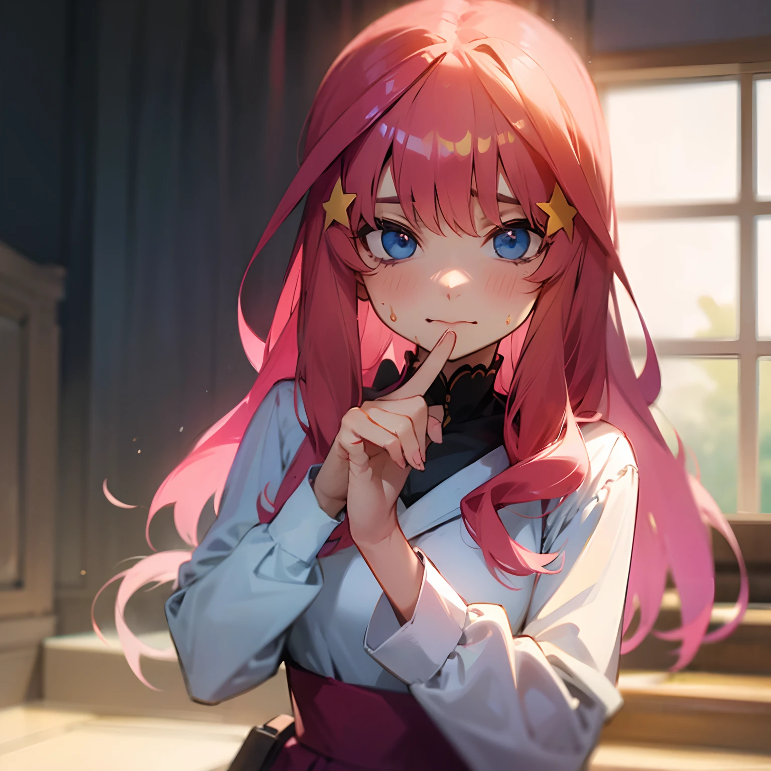 "Playfully offering a delicious cake with a shy and flushed expression."
