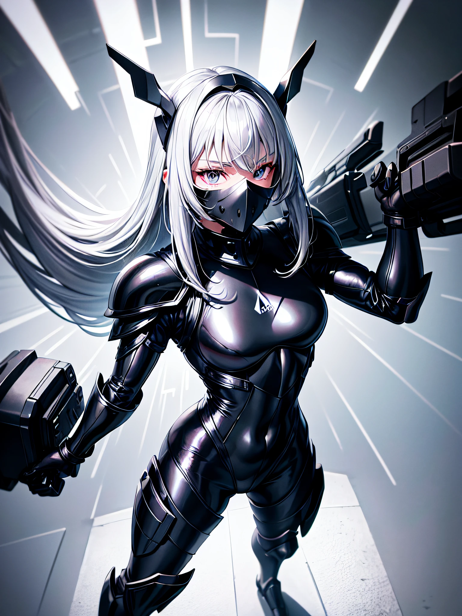 8K UHD、Silver-haired and small-nosed beauty in a black shiny black full-body rider suit wearing a black full-face helmet that covers the entire head is standing with her legs open facing the front、Wearing full black shiny armor、Upper Body Up