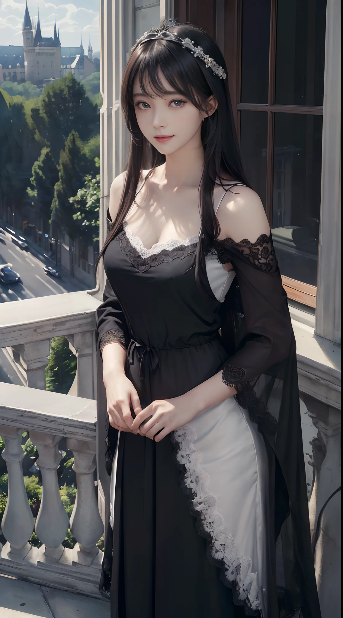 (ultra-realistic realism)、(illustratio)、(A high resolution)、(8K)、(The is very detailed)、(Best Illustration)、(Beautifully detailed eyes)、(top-quality)、(ultra - detailed)、(tmasterpiece)、(the wallpaper)、(A detailed face)、独奏、1 girl in、looking at viewert、finedetail、A detailed face、in the darkness nigth、deep shading、low tune、pureerosfaceace_V1、A smile、Long、Black shawl straight hair、46-point diagonal bangs, (White lace dress、long skirt)(cropped shoulders)((Woman standing on the balcony of the castle))