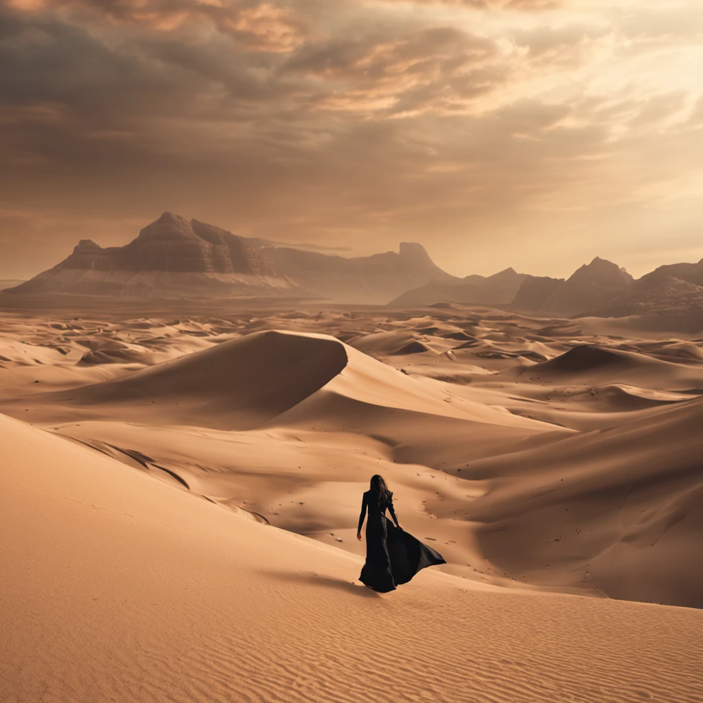 Uma mulher bonita andando pelo deserto futurista, melhor qualidade, master part, ultrahigh-resolution, (fotografia realista:1.4), Surrealismo, Semelhante a um sonho,FusionArt, Shadow dancer, magia das sombras, Darkness Control, furtividade, passo da sombra, Umbral spells, hidden blade,