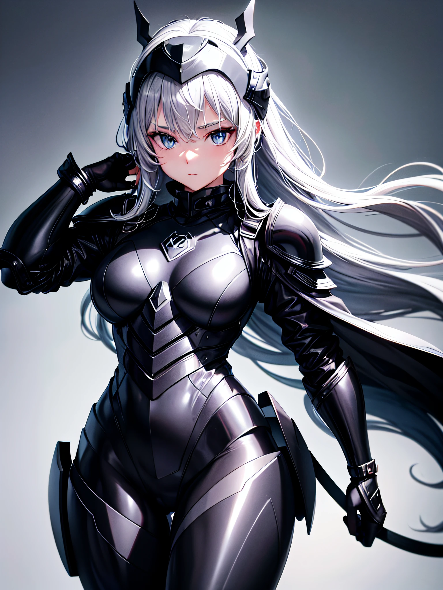 8K UHD、Silver-haired and small-nosed beauty in a black shiny black full-body rider suit wearing a black full-face helmet that covers the entire head is standing with her legs open facing the front、Wearing full black shiny armor、Upper Body Up