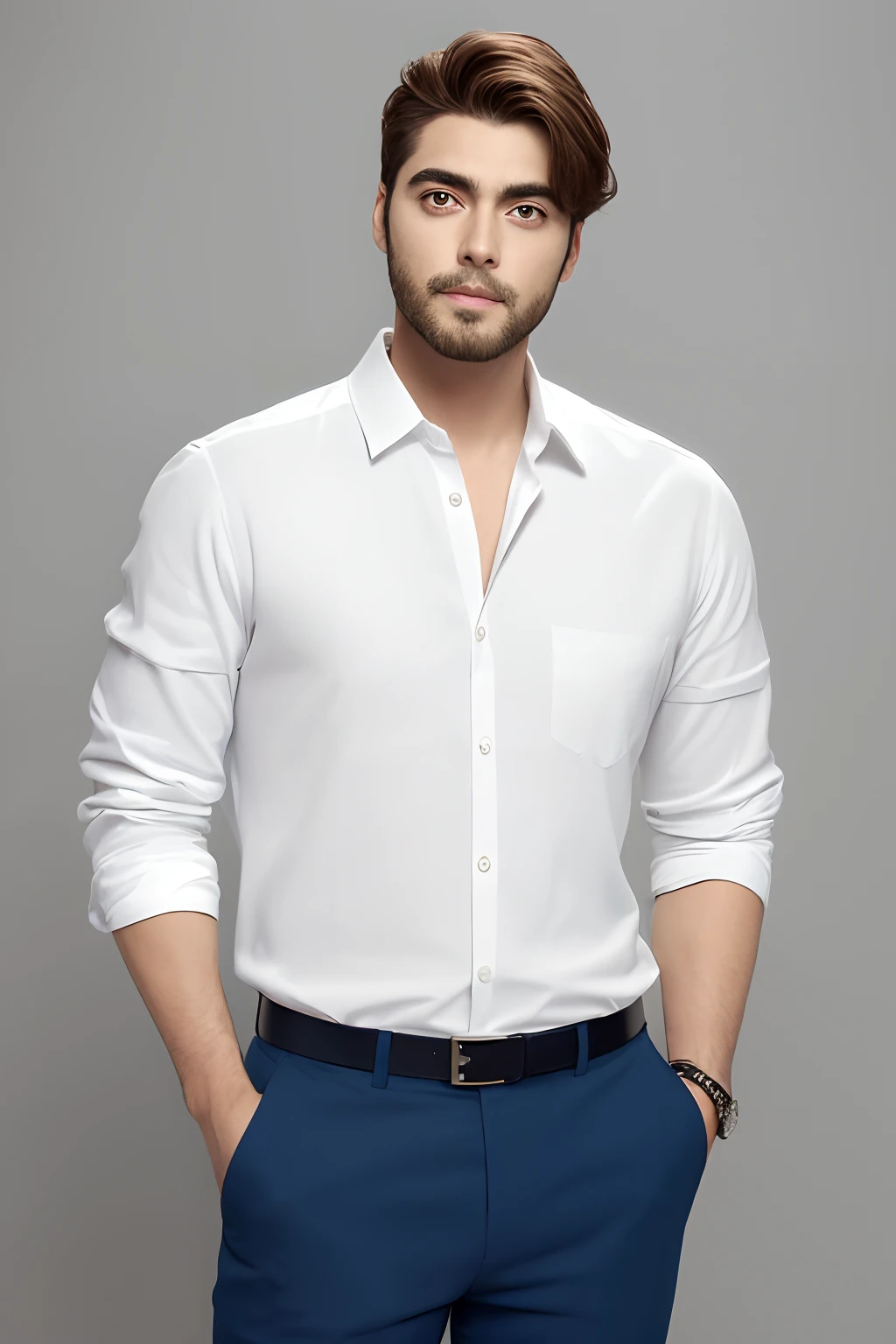 A handsome man with long black hair wearing a white shirt showing his hairy chest
