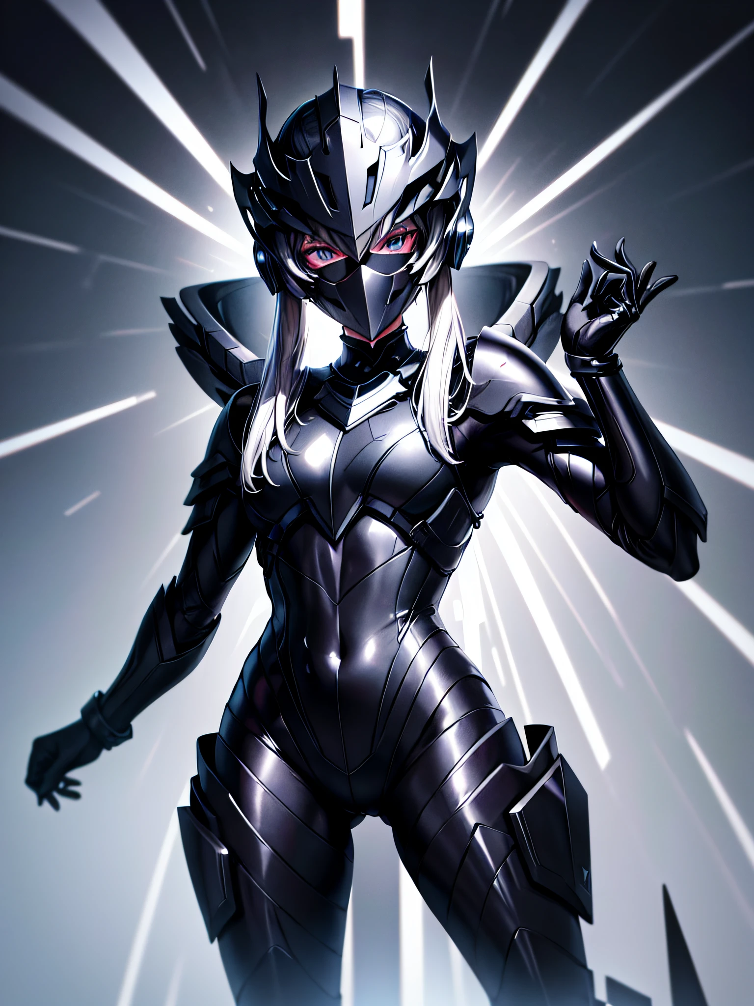 8K UHD、Silver-haired and small-nosed beauty in a black shiny black full-body rider suit wearing a black full-face helmet that covers the entire head is standing with her legs open facing the front、Wearing full black shiny armor、Upper Body Up