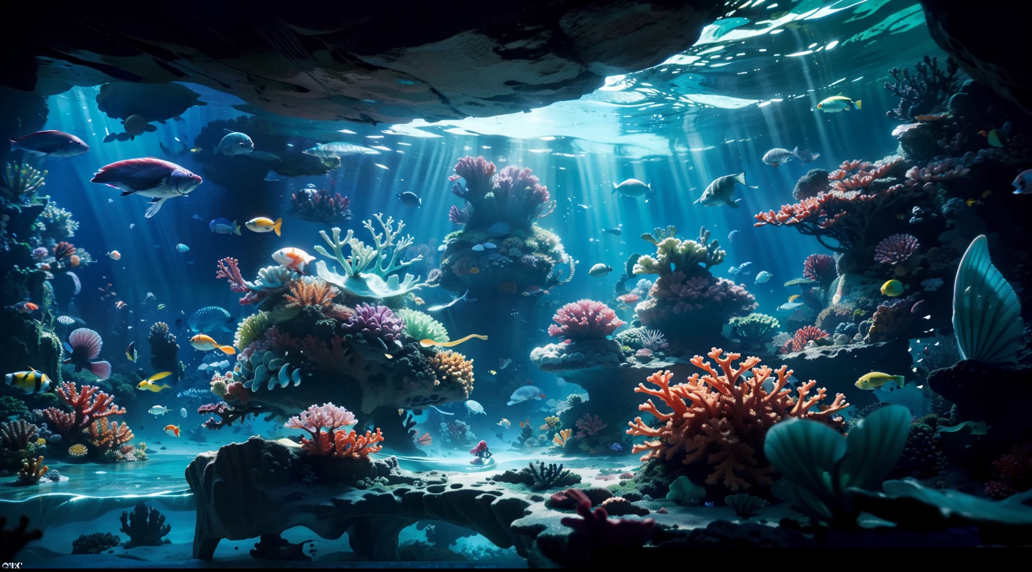 Deep sea background, Undersea scene, Underwater light,jelly fish,, Colorful small fish, colorful coral reef, Sea of Dreams, Dynamic Angle, Break,Detailed,Realistic,4k highly detailed digital art,rendering by octane, Bio-luminescence, Break free from 8K resolution concept art, Realism,by Mappa Studios,Masterpiece,Best quality,offcial art,illustration,清晰的线条,(Cool_Color),Perfectcomposition,absurderes, fantasy,Focused,Rule of thirds