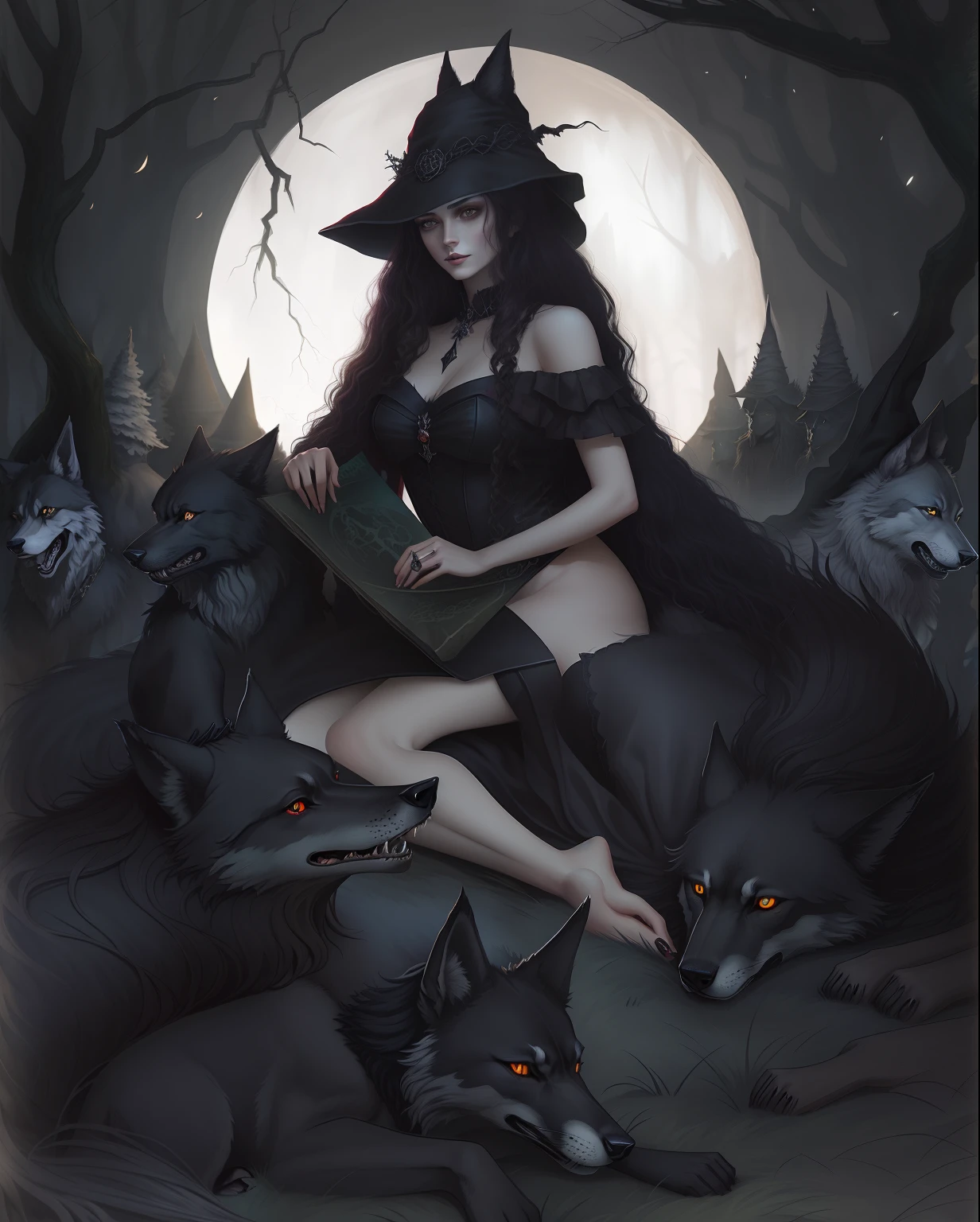 masterpiece, nightmarish illustration, dark illustration, an ominous fantasy illustration, in style of dark fantasy art, a female witch with a wolf hat, surrounded by wolfs, in the woods, dark colors, night, long hair