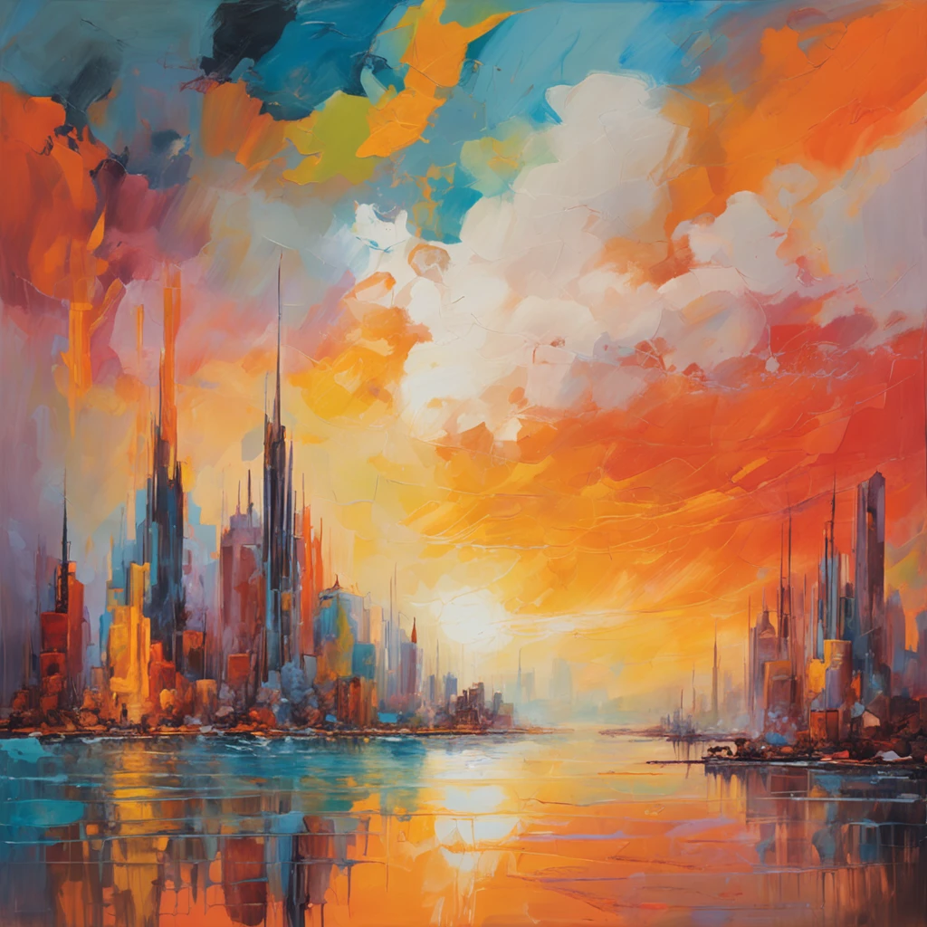 Intricate painting details of city skyline reflecting in the water of a bay in front by range murata, galaxy in background, Clouds, vivid colour, High contrast, Mountain, vector line art, orange highlights, trending in pixiv, anime concept art, Stick, Mattire, high high quality, Edge to edge, Sanskrit