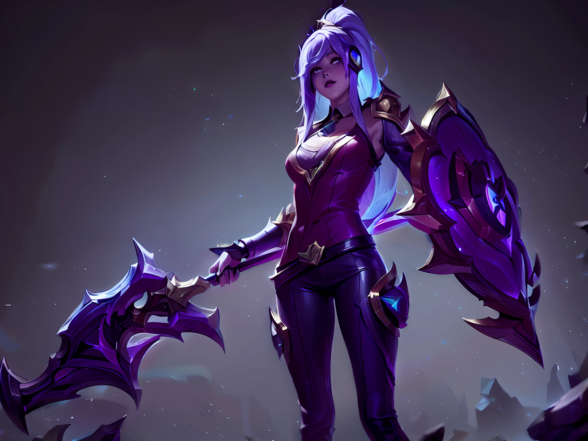 (League of Legends:1.5),Legendary skins,empyrean lux skin, 1girl, solo, long hair, bangs, blonde hair, ponytail, weapon, white hair, pants, official alternate costume, mask, glowing, black pants