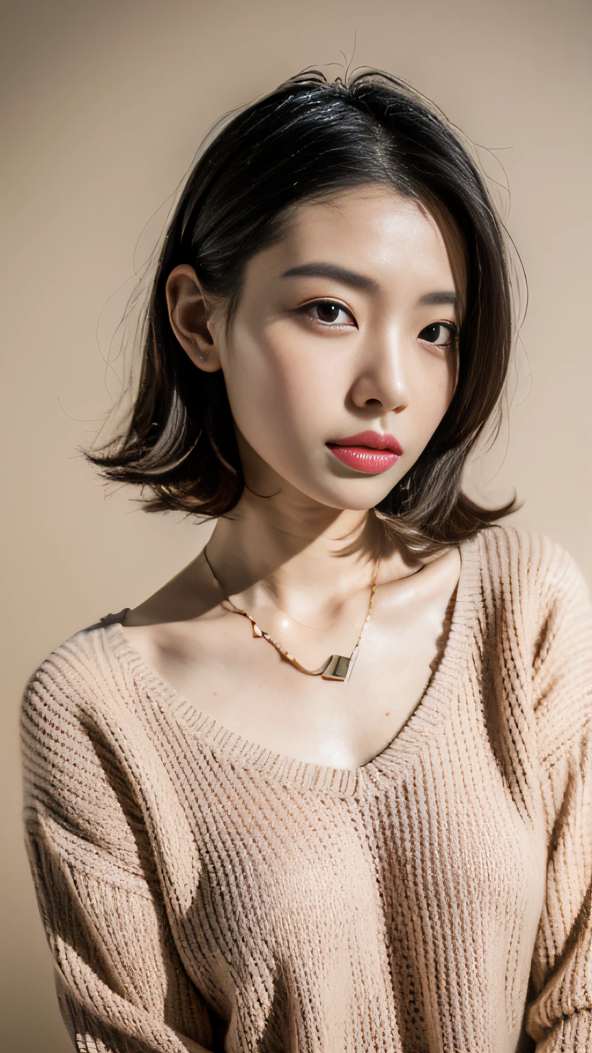 (Best quality, 8k, 32k, Masterpiece, UHD:1.2),Photo of Pretty Japanese woman, large breasts, very short bob hair,upper body,face focus,oversized_sweater, necklace, simple background, from above, looking at viewer,