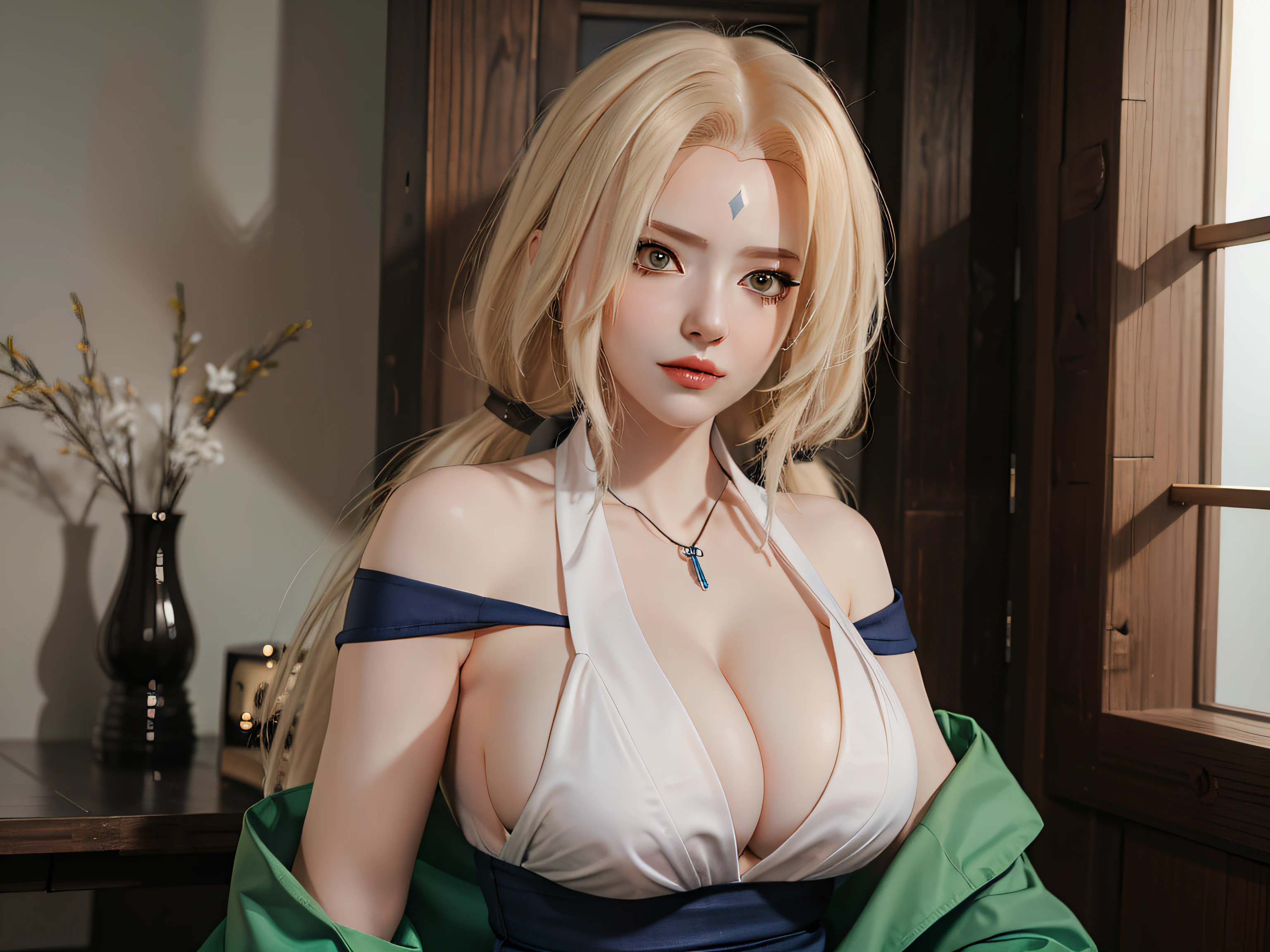 Tsunade,Ripe body,Off-the-shoulder attire,the detail,see-through transparent clothes,blue color eyes,,Makeup,huge tit,areola of breast,tit