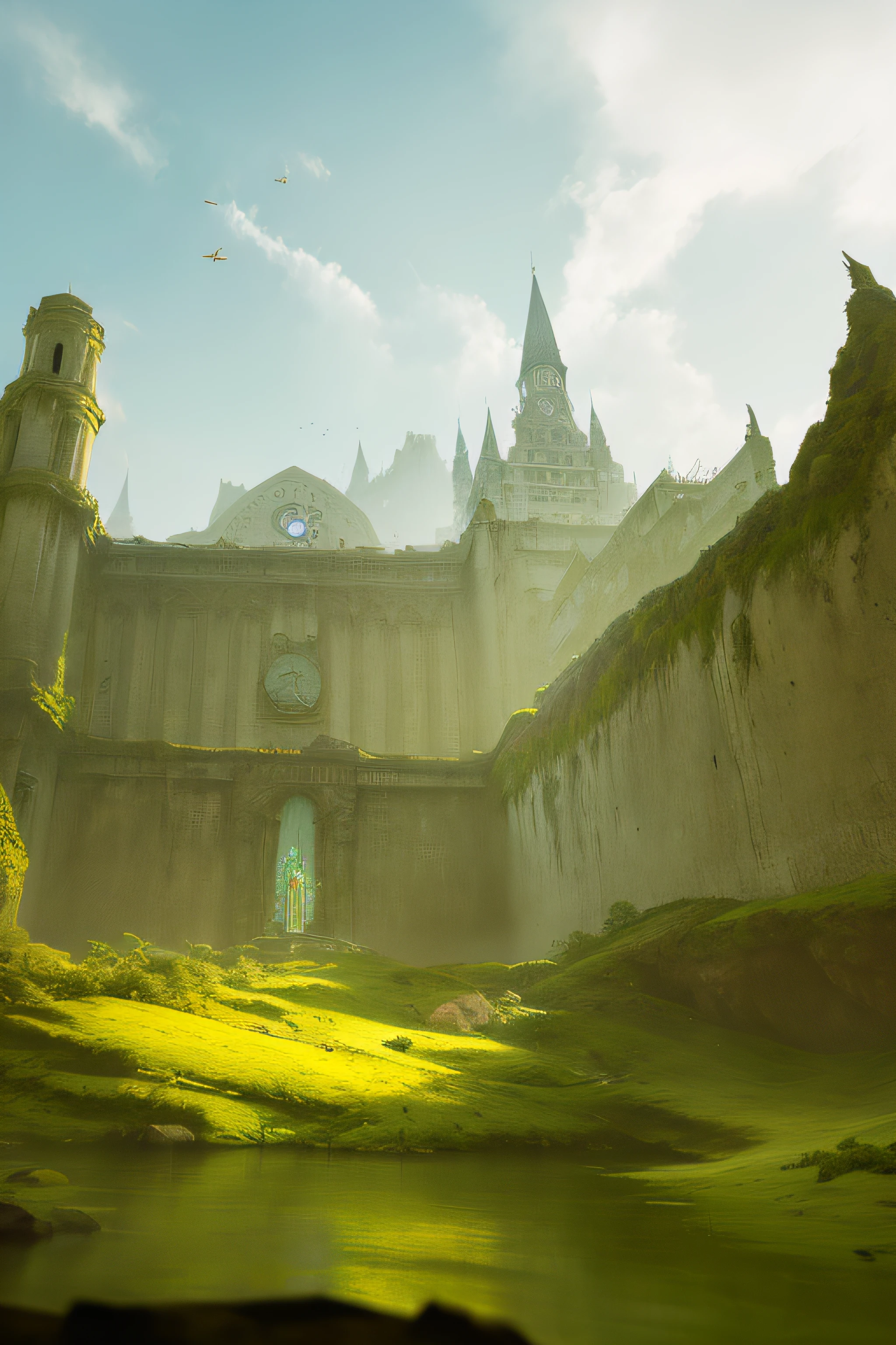 There is a castle with a clock tower in the middle of a field, arte conceitual , altamente renderizado, elven palace of ghemathar, pintura de ambientes, Unreal Engine Arte de fantasia, arte do jogo pintura fosca, Dota! arte conceitual de pintura fosca, Meio Ambiente Arte, pintura fosca arcano Dota pixar, arte conceitual de pintura fosca de Dota, arte conceitual atmosfera deslumbrante