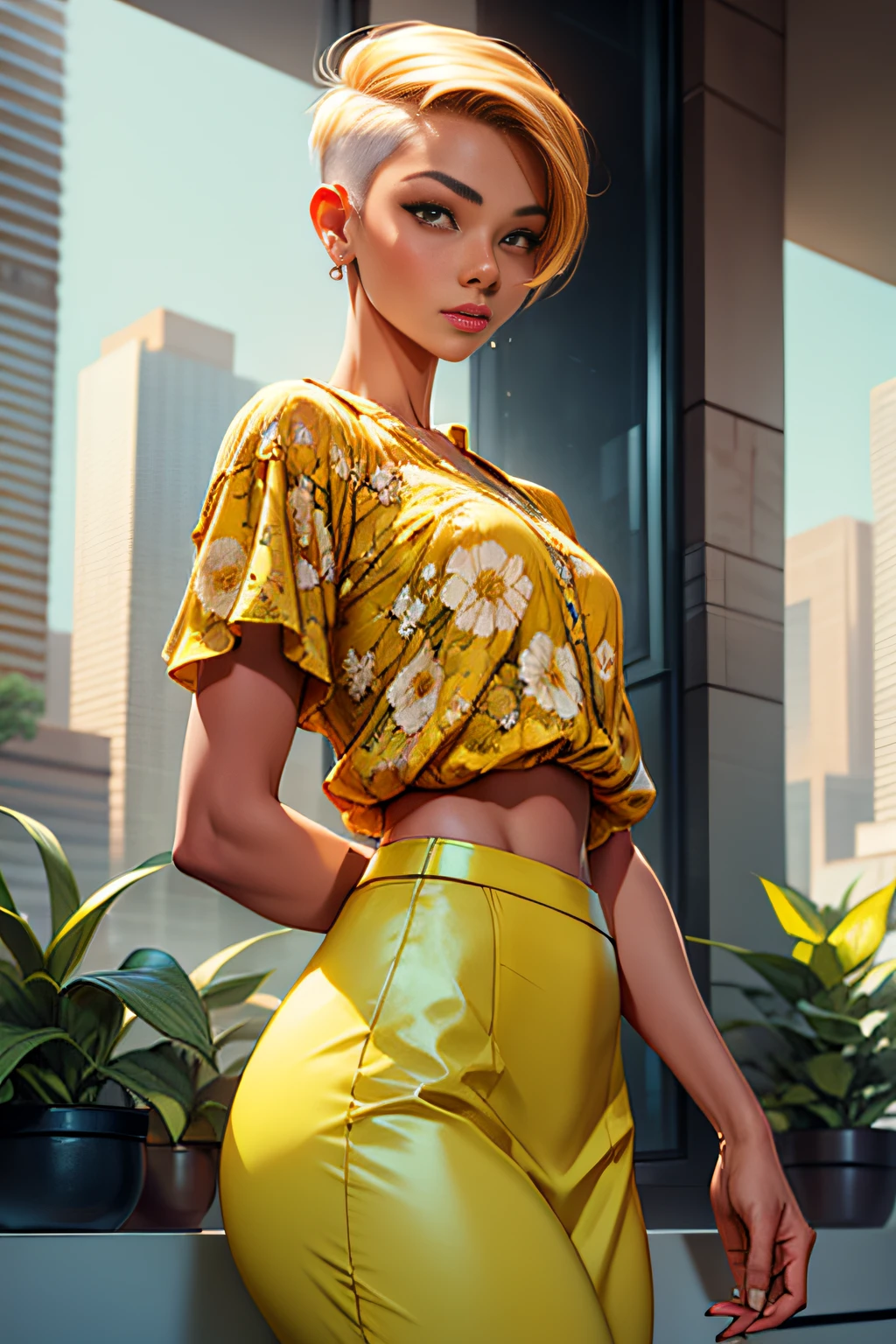 (Masterpiece), (Best quality), woman, Yellow blouse with short hair faded, undercut hairstyle, Floral skirt, Best quality, (Best quality:1.1), Ultra detailed, pondering, Extremely detailed, 8K, City garden, Detailed background