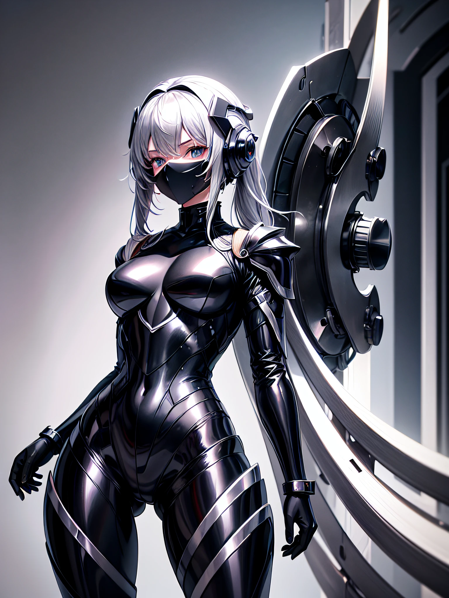 8K UHD、Silver-haired and small-nosed beauty in a black shiny black full-body rider suit wearing a black full-face helmet that covers the entire head is standing with her legs open facing the front、Wearing metallic full armor、Upper Body Up