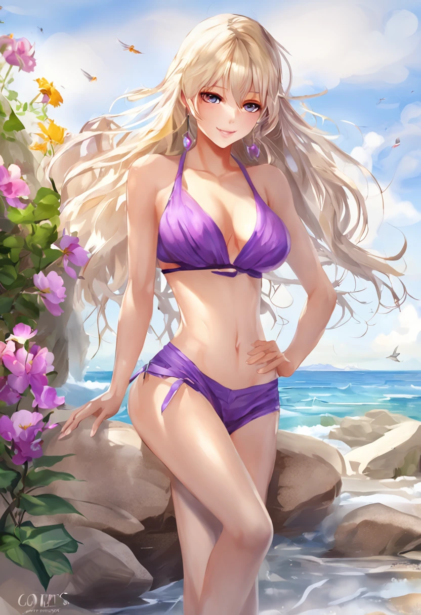 Blonde woman in purple bikini posing by the water during the day, Lie down、On your stomach、sitted、are standing......realistic shadow perfect body, realistic bikini, photorealistic perfect body, [ 4 K digital art ]!!, sfv, Smooth anime CG art，She is very white and good-looking，Like a school flower