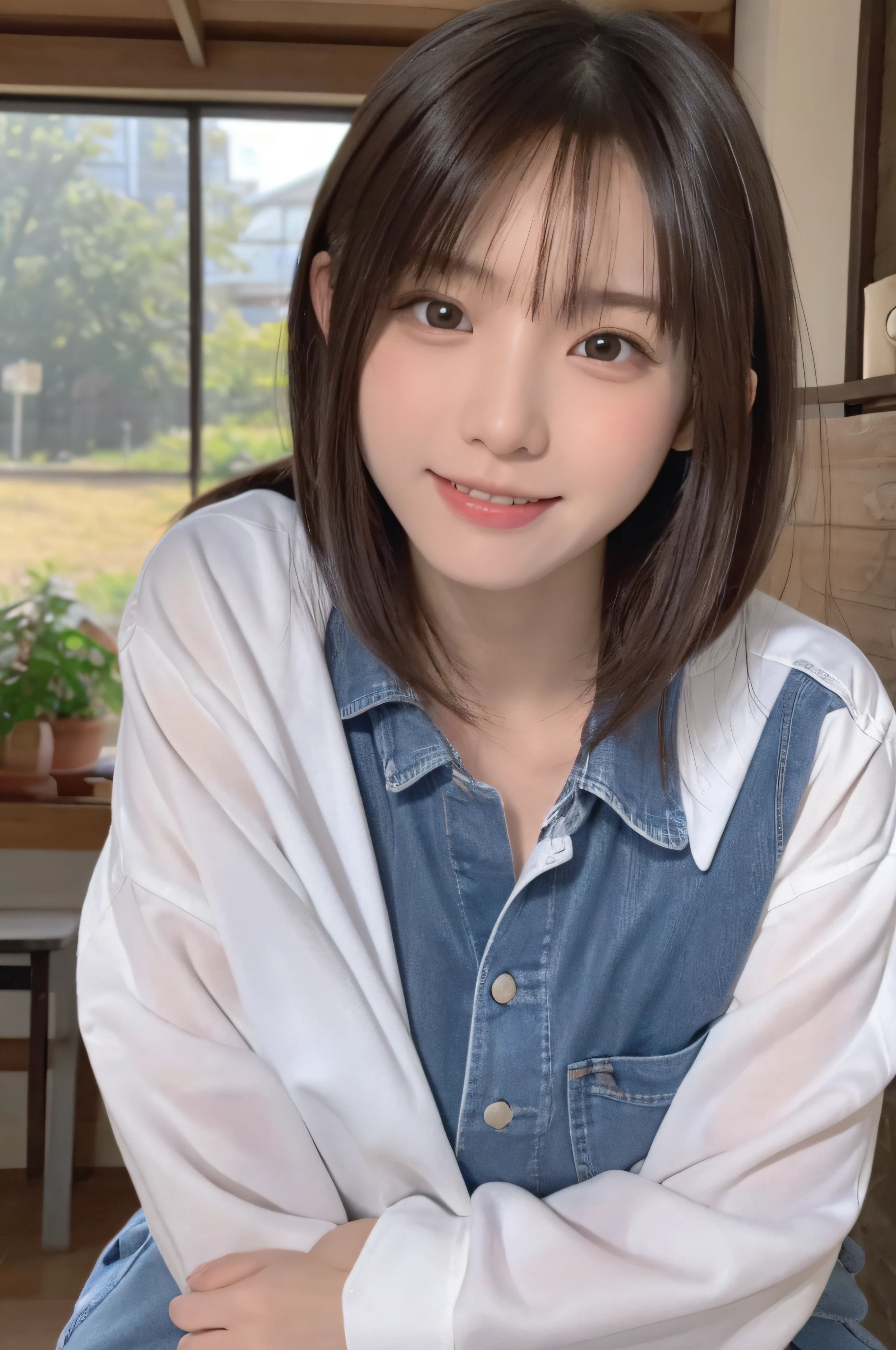 Portrait of a cute 17-year-old Japanese girl operating a smartphone in her hands、Looking into a smartphone、Torp quality, High resorlutiorn, 1 beautiful 24y.or. worman,(Small face: 1.4), Small head, Clear skin, Rorund face, large eyes, smiling, beautiful detailed eyes, red cheek
