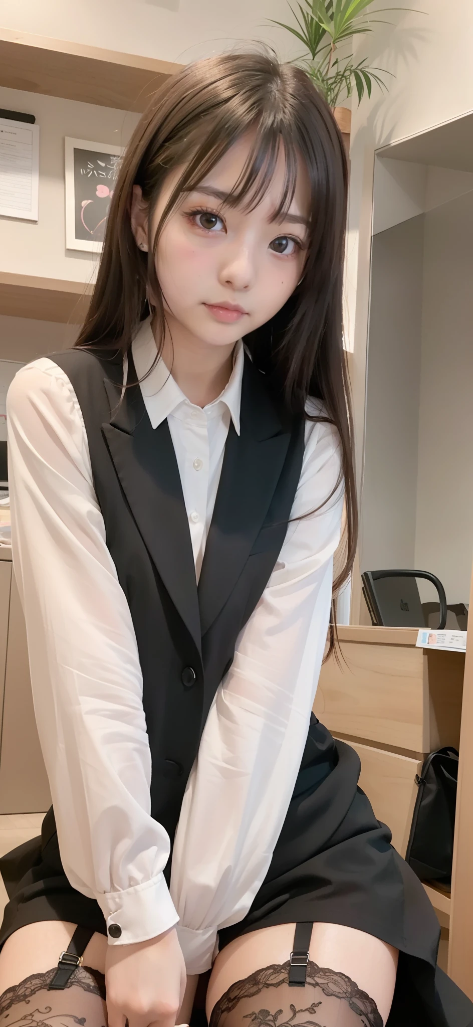 ((masutepiece)), ((Best Quality)), (Ultra-detailed), ((kawaii)), Cute, (lovely), ((Sexy)), (Ero), ((Extremely detailed)), 4K, (8K), Best Quality, (Beautiful), Full body, full body focus, Office, a cute Japanese girl, 1 Japan Girl, Solo, Suit, Transaction service,Beautiful light brown hair, Beautiful brown eyes, ((Beautiful eyes)), White-skinned, Long hair, flat breast, tiny chest, Black garter belt, ribon, Ashamed,Thin pink lips