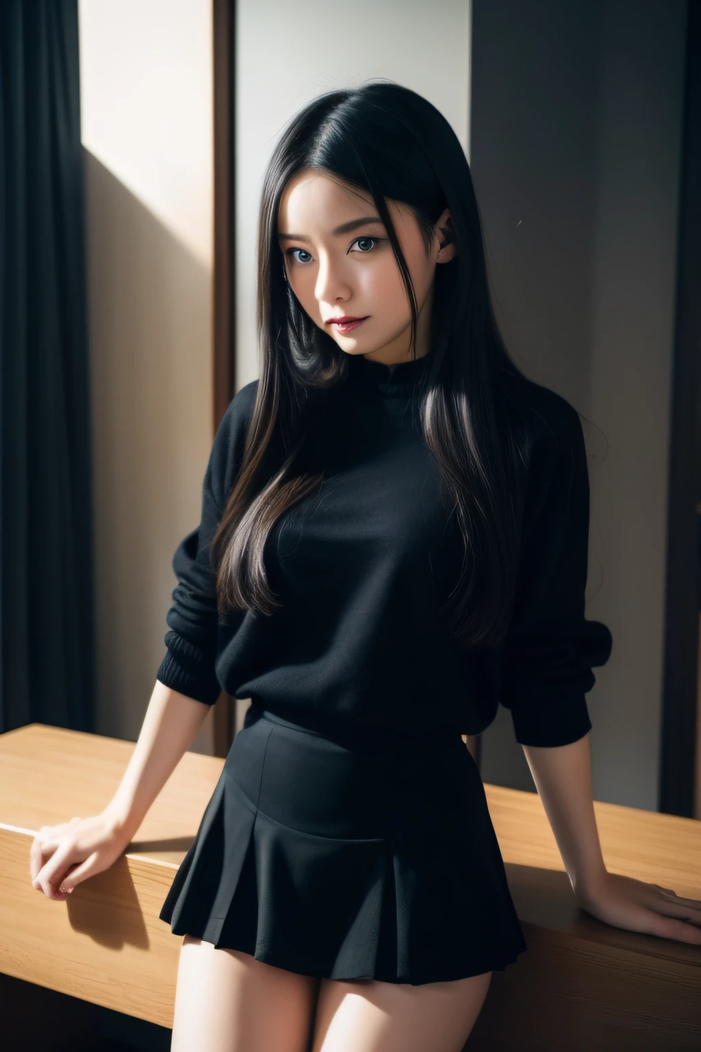 （1girll）， （best qualtiy， tmasterpiece：1.2）， realisticlying， 超高分辨率， Frontlighting， Complicated details， profesional lighting， 1girll， tohsaka-rin， 独奏， long whitr hair， upper legs， a skirt， eBlue eyes， black thighhigns， Black hair， The upper part of the body，