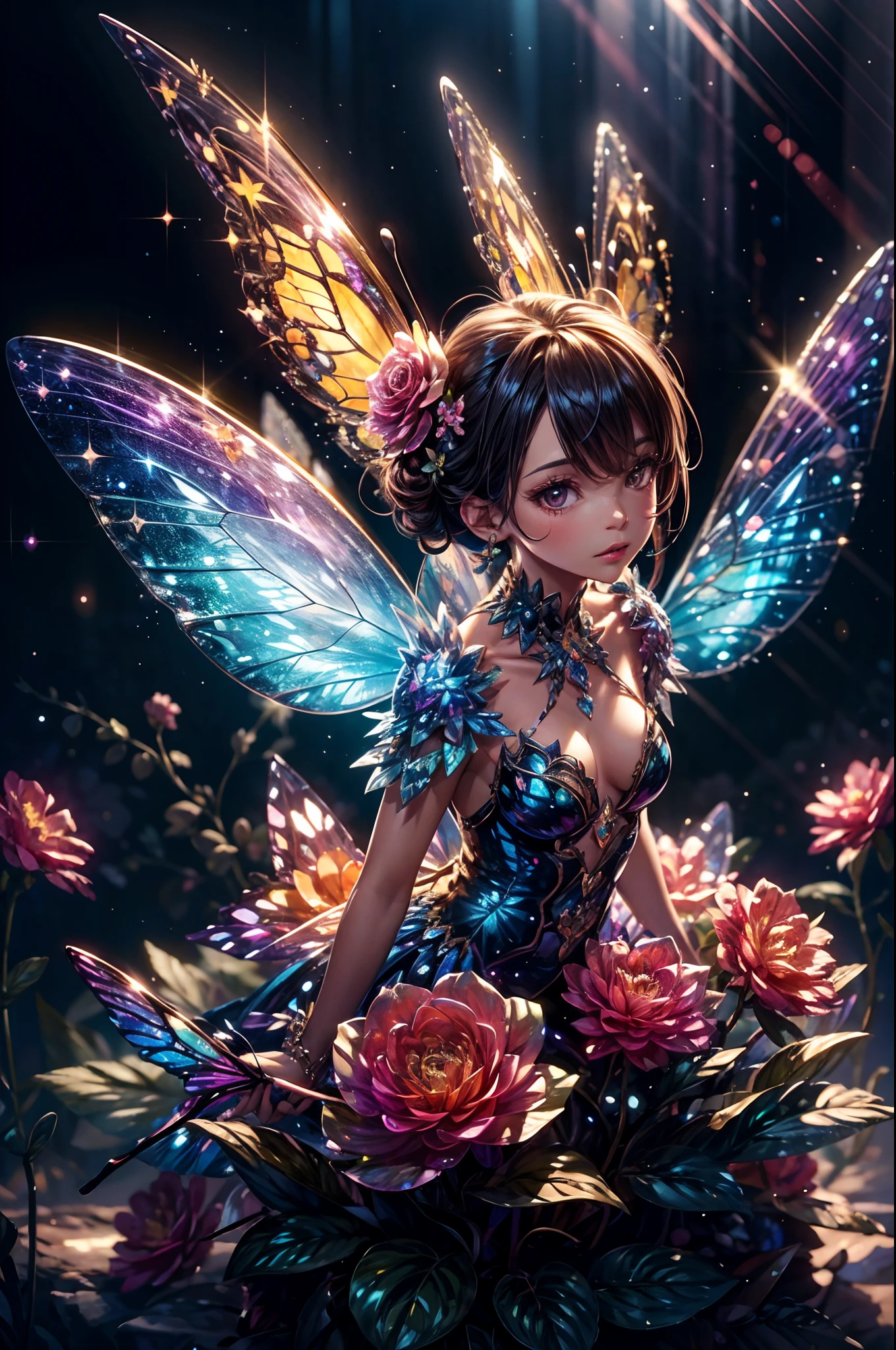 Close up,Flower fairy,crystal fairy, shiny butterfly wings,crystal blossom flower,
fantasy, galaxy, transparent,
shimmering, sparkling, splendid, colorful,
magical photography, dramatic lighting, photo realism, ultra-detailed, 4k, High-resolution