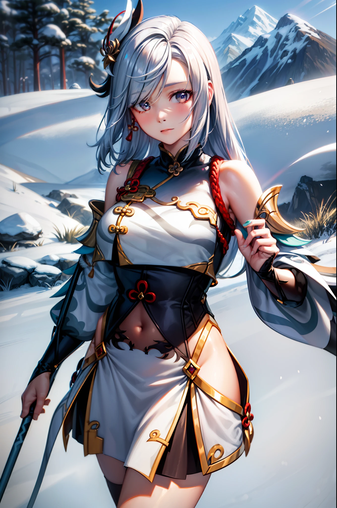 [ganyudef]:1.5,((masterpiece,highest quality,Detailed images,Beautiful images))1.4(ganyu images、panty hose:1.2、smile、Western-style snow town、morning、Snowflakes drifting all around、The wind is blowing、Bright lighting overall、Backlight、A fantastic atmosphere、Thick Fog)1.1(Beautiful body lines、small beauty breasts、Beautiful side breasts)
