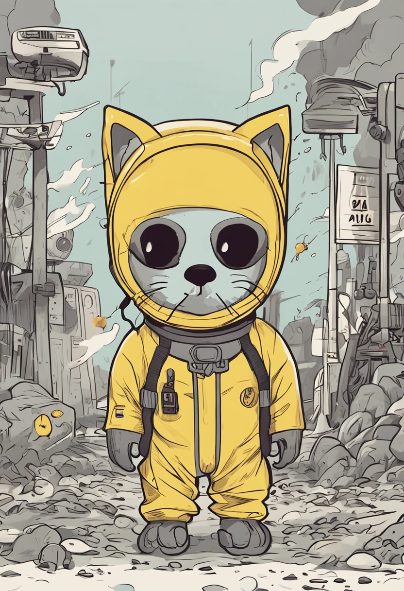 cartoonish style,A cat wrapped in a thick gray radiation protection suit,Only two ears and a tail leak out of the whole body,The rest are wrapped in protective clothing,There are radiation signs on the clothes,Stand on a polluted beach,expression sad,There are radiation signs on the clothes,The sky is gray,There are dead fish on the ground