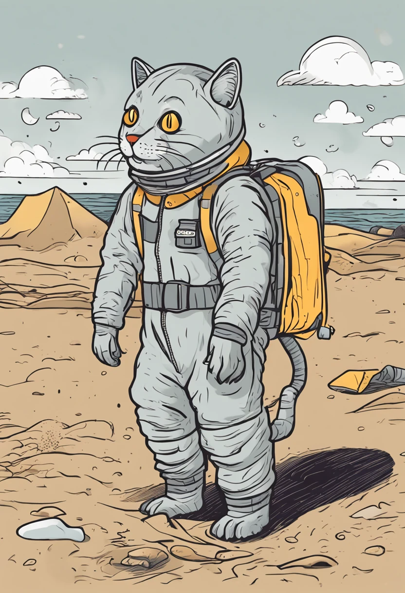cartoonish style,A cat wrapped in a thick gray radiation protection suit,Only two ears and a tail leak out of the whole body,The rest are wrapped in protective clothing,There are radiation signs on the clothes,Stand on a polluted beach,expression sad,There are radiation signs on the clothes,The sky is gray,There are dead fish on the ground