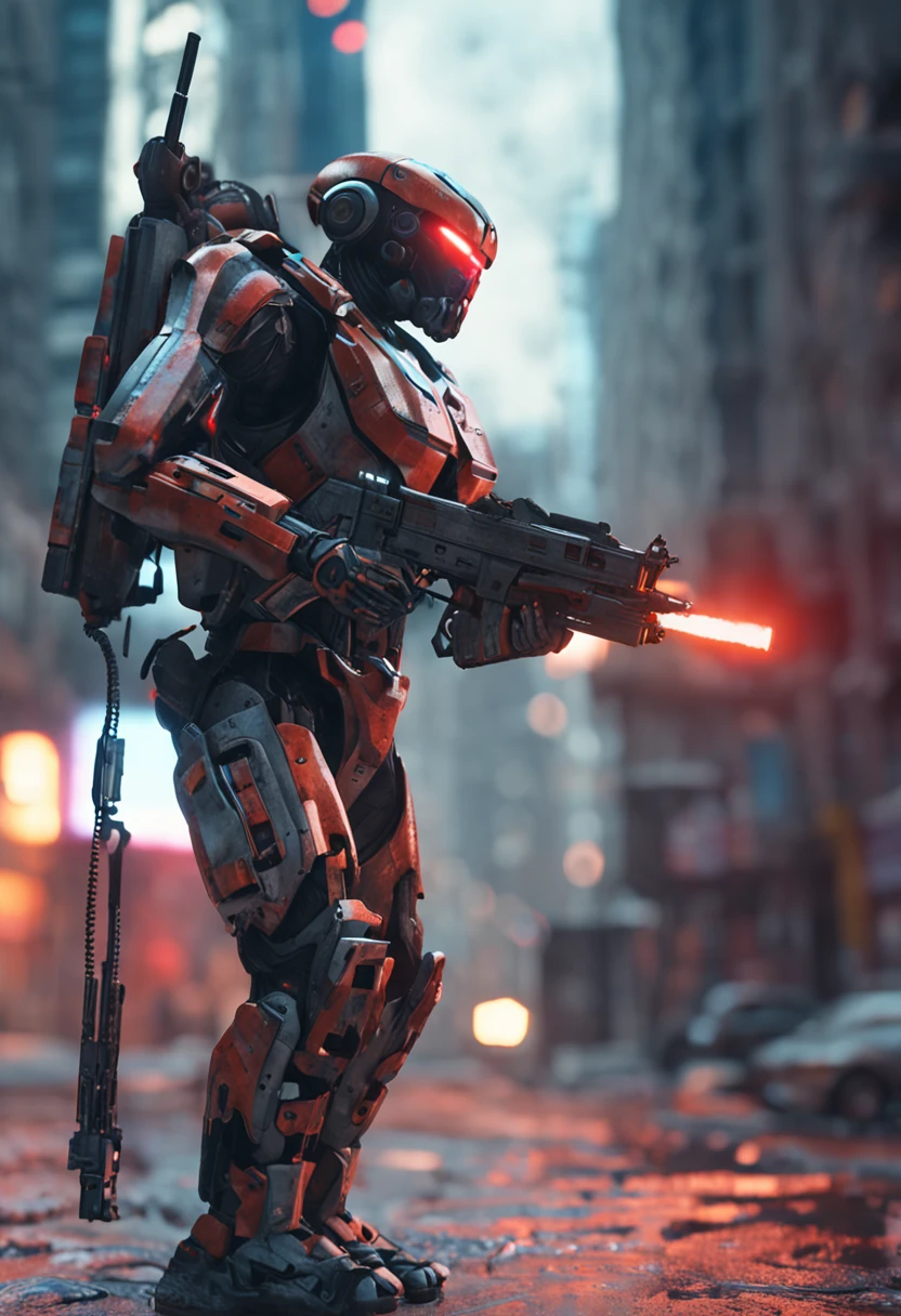 a robot with red eyes hold a futuristic weapon, action pose standing in a post apocalyptic city, 3 d octane render conceptart, 3 d render octane, 3d render octane, greg rutkowski octane render, rendered in octane, rendered in octane 3d, daniel maidman octane rendering, unreal octane render, winston from overwatch, rendered on octane, rendered with octane