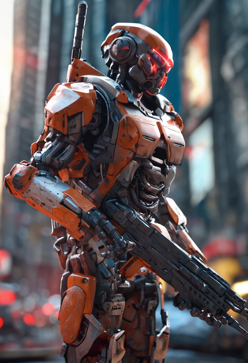 a robot with red eyes hold a futuristic weapon, action pose standing in a post apocalyptic city, 3 d octane render conceptart, 3 d render octane, 3d render octane, greg rutkowski octane render, rendered in octane, rendered in octane 3d, daniel maidman octane rendering, unreal octane render, winston from overwatch, rendered on octane, rendered with octane