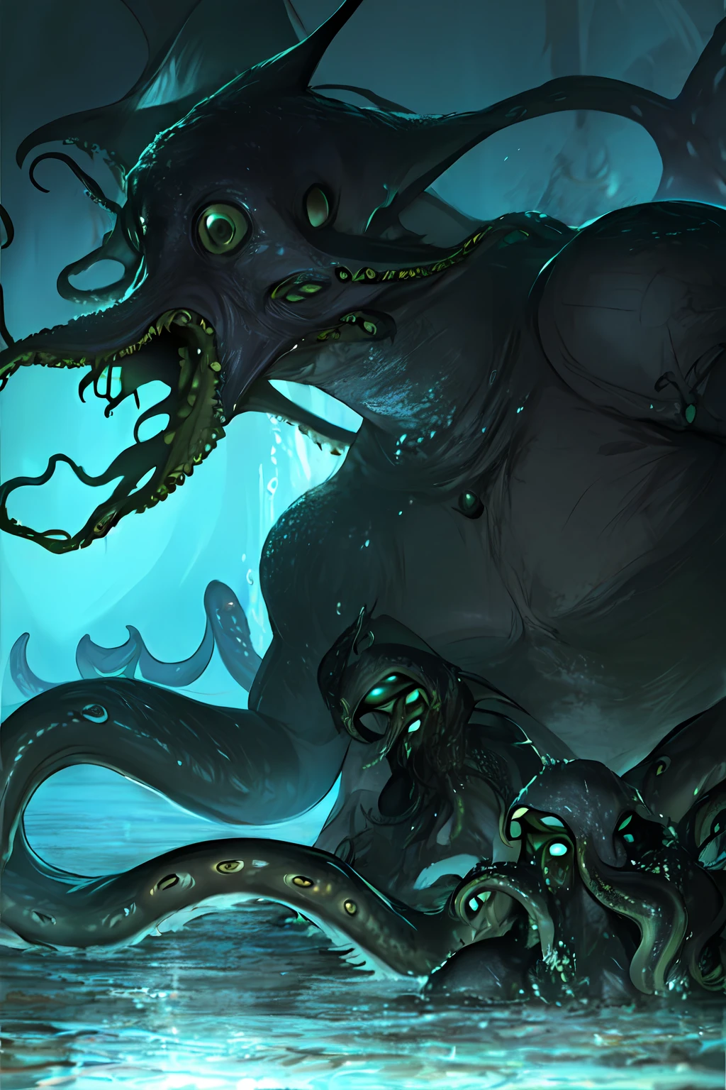 Cthulhu,Monster,(tentaculata:1.35),A polluted underwater world,Gloomy picture,(Nuclear contamination:1.35),(face:1.35),(sarcoma:1.35)