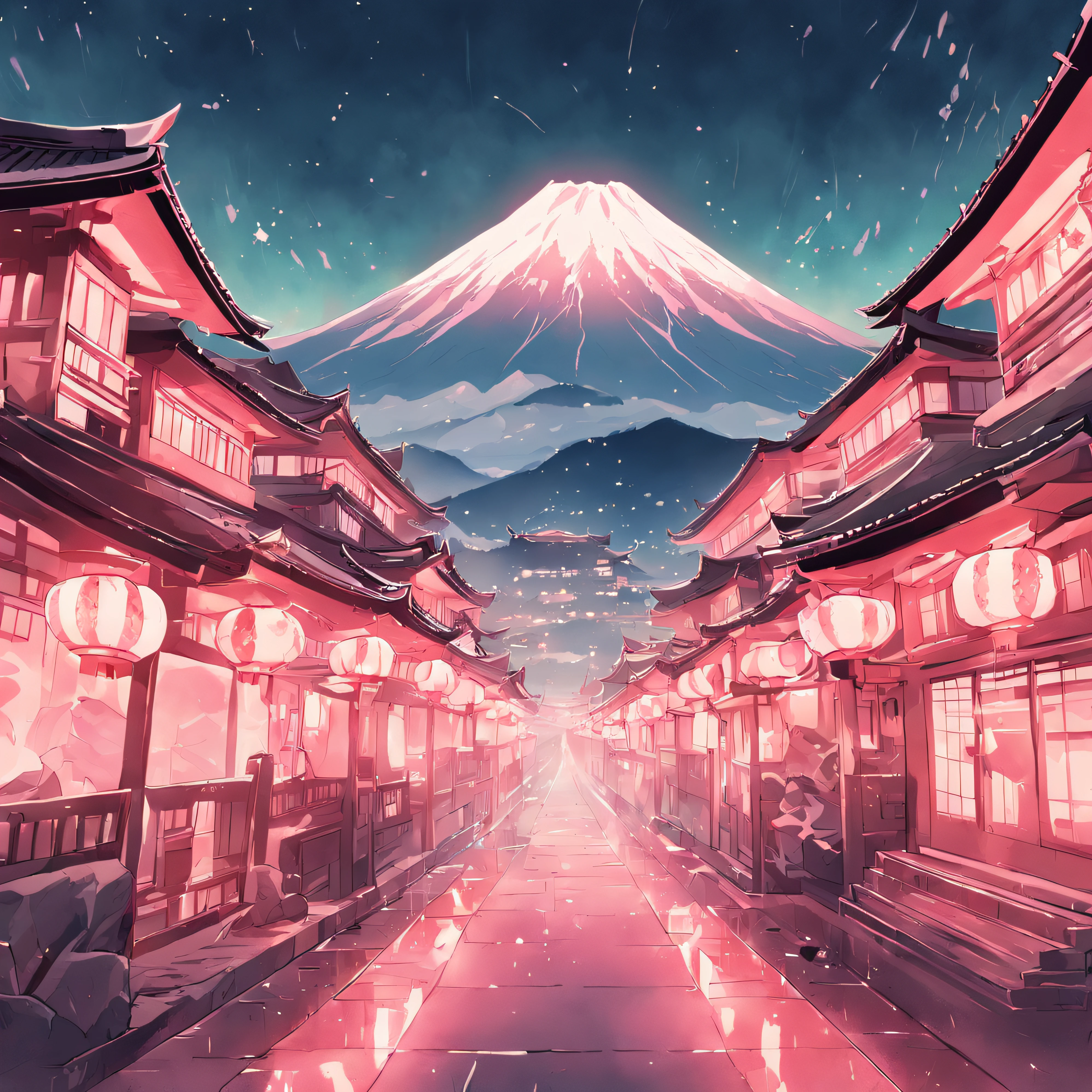 Poster with Japan buildings and mountains in the background, In the style of light teal and dark pink, Traditional animation, Trip, Layered Images, traditional, vintage images, cherryblossom