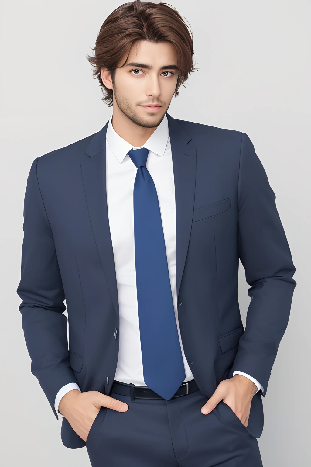 A business man, 25 anos, Handsome, hands in a pocket , musculoso , messy hair
