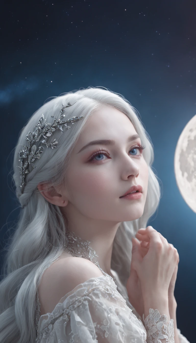 Moonlight goddess illustration,Exquisite and dreamy,Mysterious light,Gentle nights,Silver hair flowing,Blue-eyed wonderland,romantic atmoshere