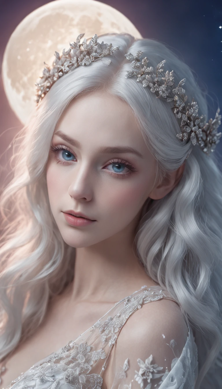 Moonlight goddess illustration，Exquisite and dreamy，Mysterious light，Gentle nights，Silver hair flowing，Blue-eyed wonderland，romantic atmoshere