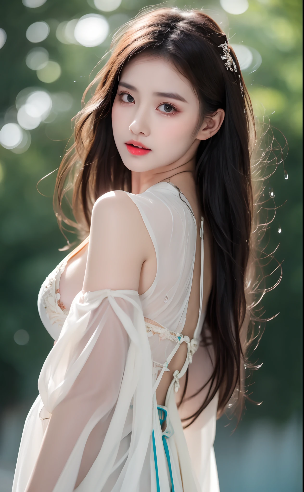 ((Best Quality, 8k, Masterpiece: 1.3)), Focus: 1.2, Perfect Body Beauty: 1.4, Buttocks: 1.2, ((Layered Haircut)), (Wet Clothes: 1.1), (Rain, Street:1.3), (Breasts: 1.2), (Hanfu: 1.2), Bare Shoulders, Bare Legs, Highly Detailed Face and Skin Texture, Fine Eyes, Double Eyelids, Whitened Skin, Long Hair, (Shut Up: 1.5), (Bokeh Background: 1.5), Big Breasts