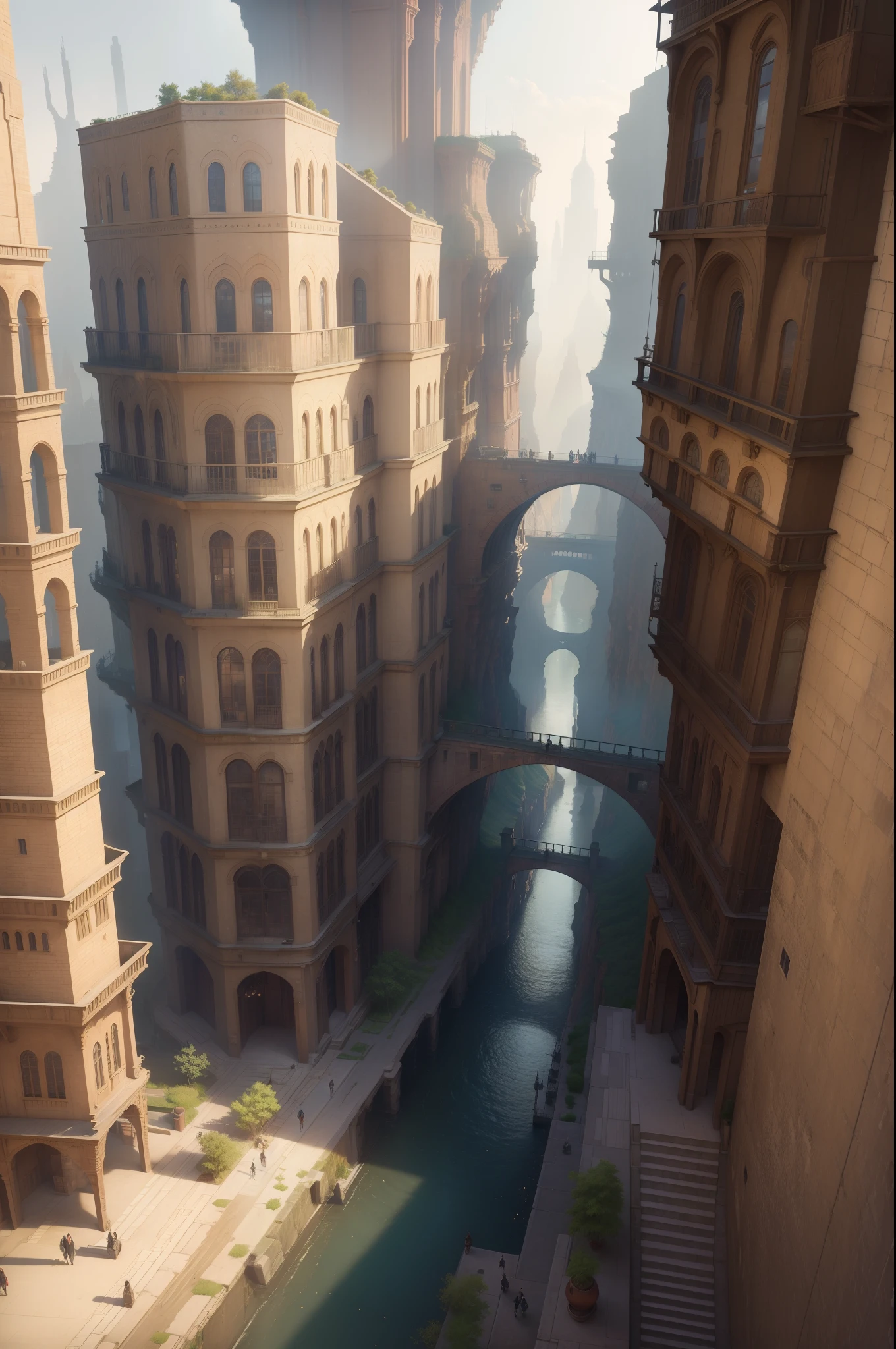 ((masterpiece)),((best quality)),((high detial)),((realistic,)) Industrial age city, deep canyons in the middle, architectural streets, bazaars, Bridges, rainy days, steampunk, European architecture