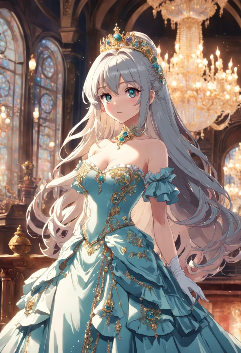 ((anime artstyle)),(Masterpiece),(Best Quality),(Super Detail),(Very Delicate and Beautiful),Solo,((full body,standing pose)),standing in the royal palace,((1 queen in jeweled gorgeous rococo ballgown with voluminous full length hoop skirt)),(crinoline),gorgeousfull embroidery,(gorgeous gemstone jewelry),(detailed face and eyes),jewel-like eyes,((large amount of straight hair,extremely Long voluminous Hair)),((gigantic tits,Long tits,skindentation)),gorgeousfull embroidery,cleavage,extremely gorgeousfull hair ornament,(bling-bling extremely gorgeousfull jeweled tiara),gorgeous corsage,(Dynamic Angle),Looking at viewer,((full body))