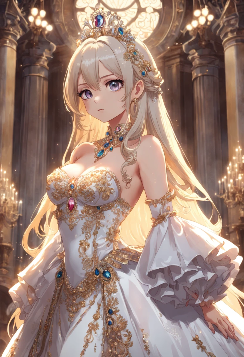 ((anime artstyle)),(Masterpiece),(Best Quality),(Super Detail),(Very Delicate and Beautiful),Solo,((full body,standing pose)),standing in the royal palace,((1 queen in jeweled gorgeous rococo ballgown with voluminous full length hoop skirt)),(crinoline),gorgeousfull embroidery,(gorgeous gemstone jewelry),(detailed face and eyes),jewel-like eyes,((large amount of straight hair,extremely Long voluminous Hair)),((gigantic tits,Long tits,skindentation)),gorgeousfull embroidery,cleavage,extremely gorgeousfull hair ornament,(bling-bling extremely gorgeousfull jeweled tiara),gorgeous corsage,(Dynamic Angle),Looking at viewer,((full body))