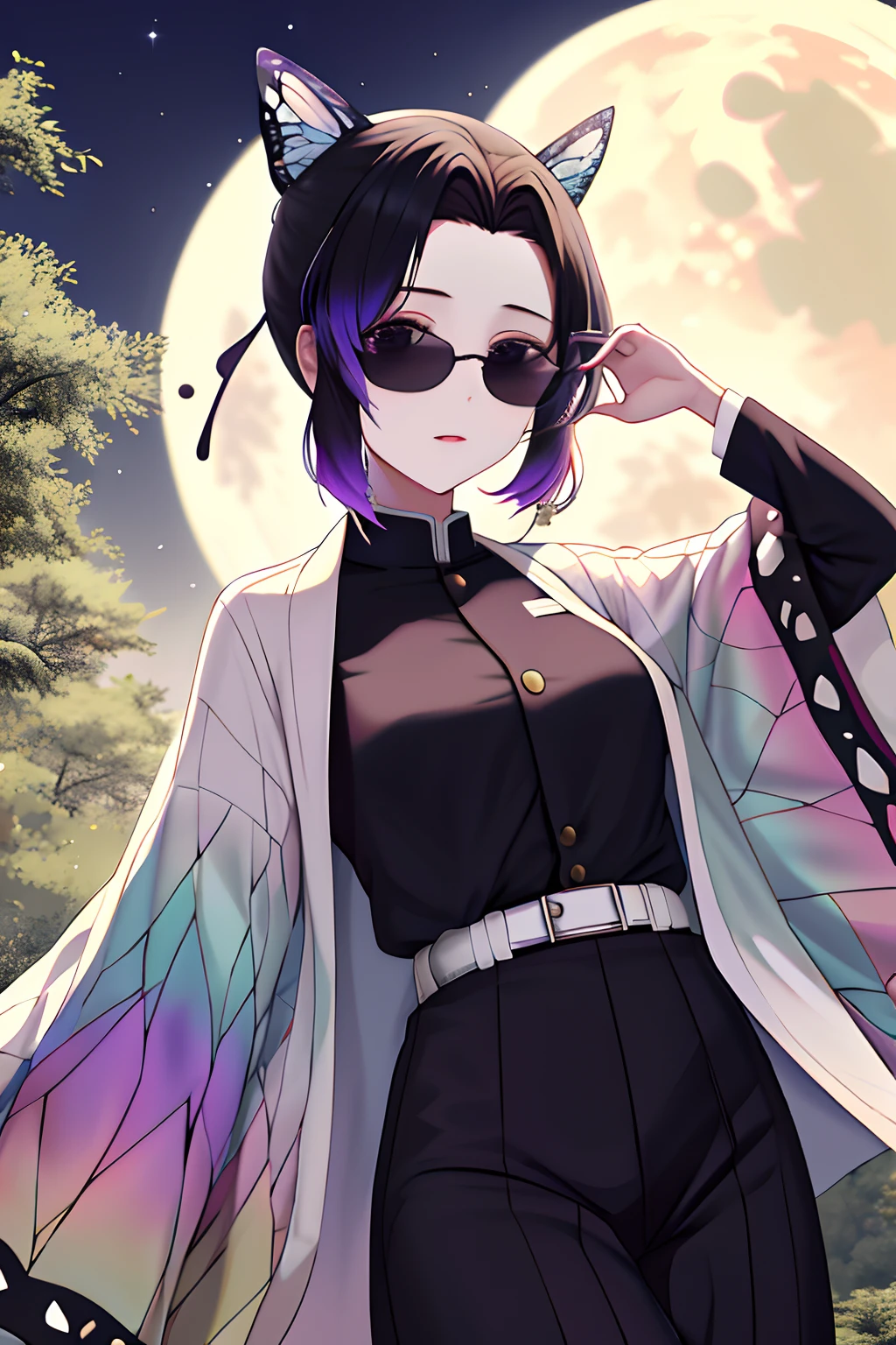 Master parts, best qualityer, highr, 1girll, in bamboo forest，In the background is a huge bright moon, Kochou Shinobu, Butterfly hair ornaments, Purple eyes, multicolored hair, Short hair, Separate ?????, haori, longer sleeves, Black pantsuit, Black jacket, belt, Cowboy shot，The character faces the camera，Frontal photo，Wearing sunglasses