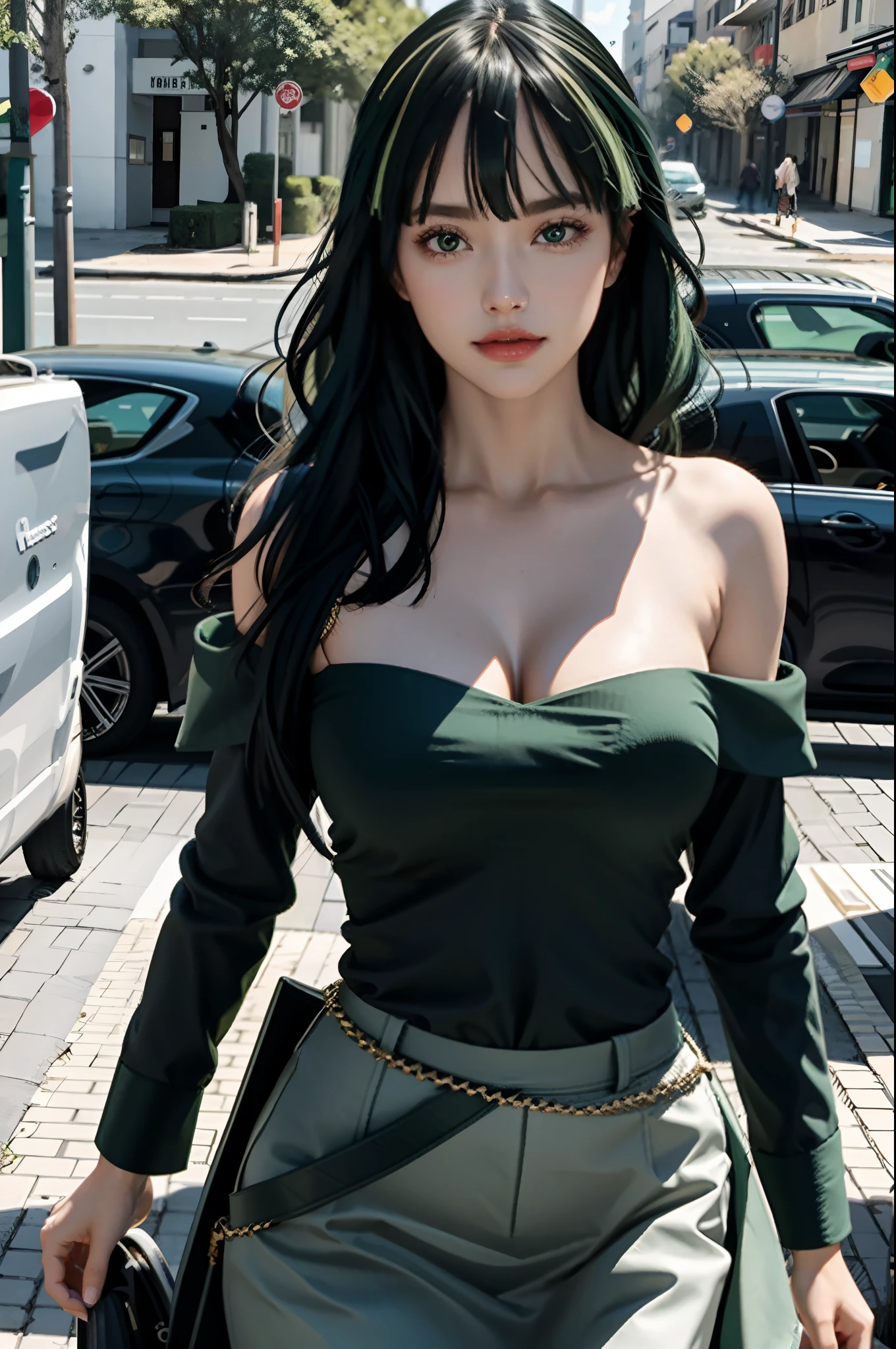 "one-girl,masterpiece level work,Best Picture Quality,Facing the camera,cleavage,ssmile,green skirt,Raised sexy,look straight at the camera,long whitr hair,perfect bodies,beachside,Green hair,Off-the-shoulder attire,(Large breasts),big breasts thin waist