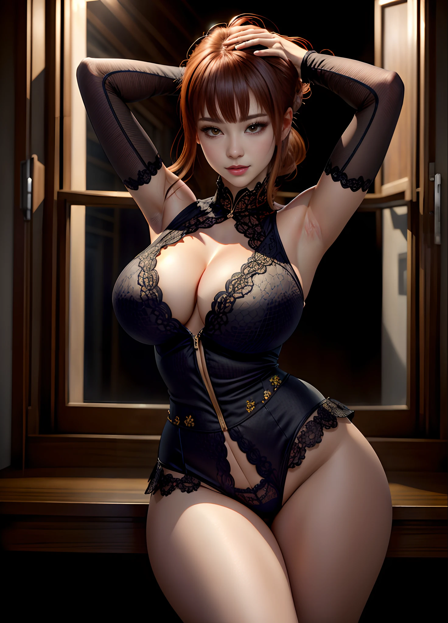 1 beautiful young girl windy upskirt, Super beautiful detailed face, smile shyly, (Beautiful big breasts:1.3), (Slender body:1.2), (costume with wide open breasts:1.5), bare breasts, pubick hair, cameltoe details, (Fine face:1.2), Armpits, (hands behind your head), conceptual art, High quality, Realistic, extremely detailed CG unified 8k wallpaper, ighly detailed, High-definition raw color photos, professional photograpy, Realistic portrait, Cinematic Light, Beautiful detailed, Super Detail, high details, Sexy Art, (((Bokeh))), depth of fields, illumination, window, night view, your hair is flowing in the wind beautifully, camera lens upskirt