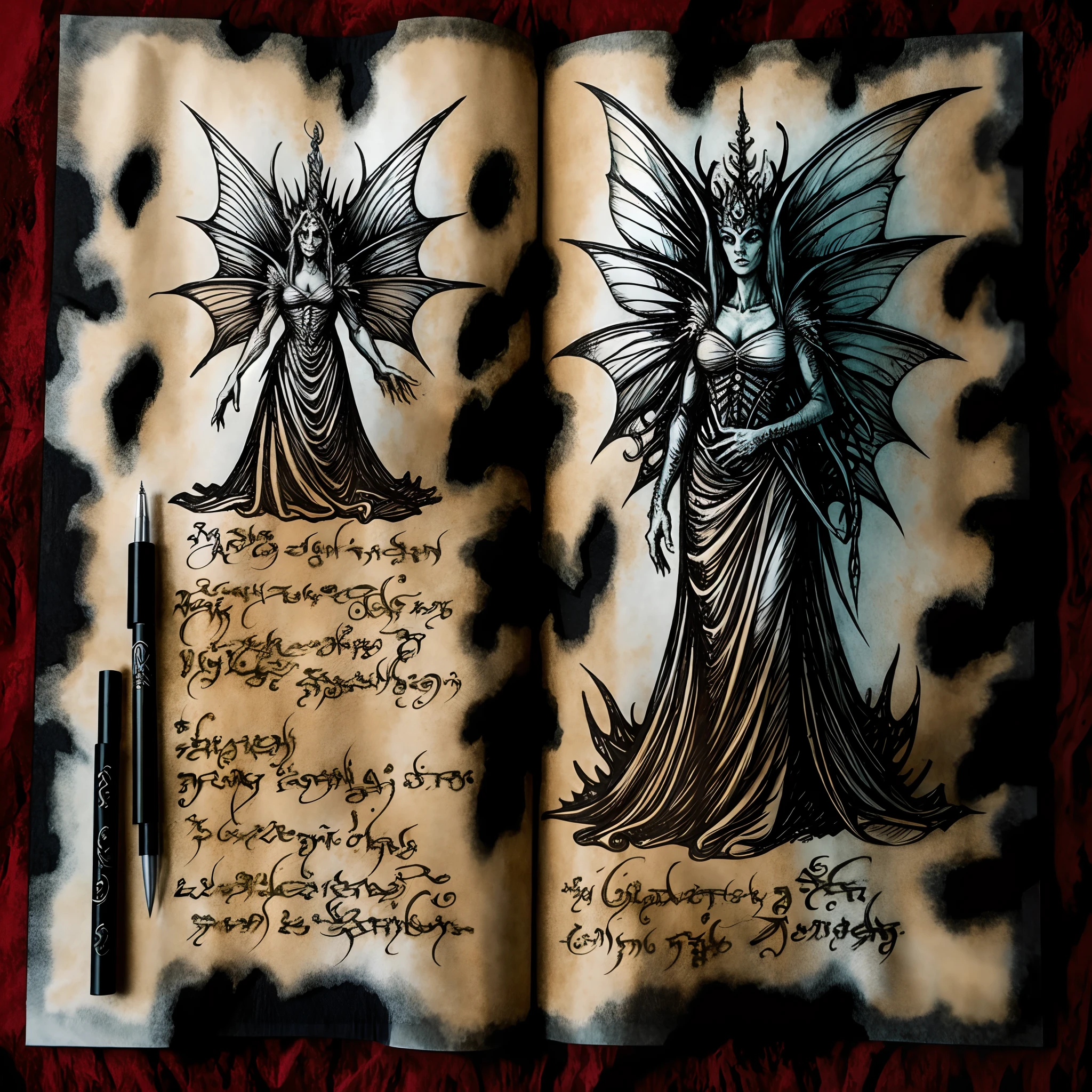 Necronomicon Sketch, image of a (menacing fairy queen) on a (single) page