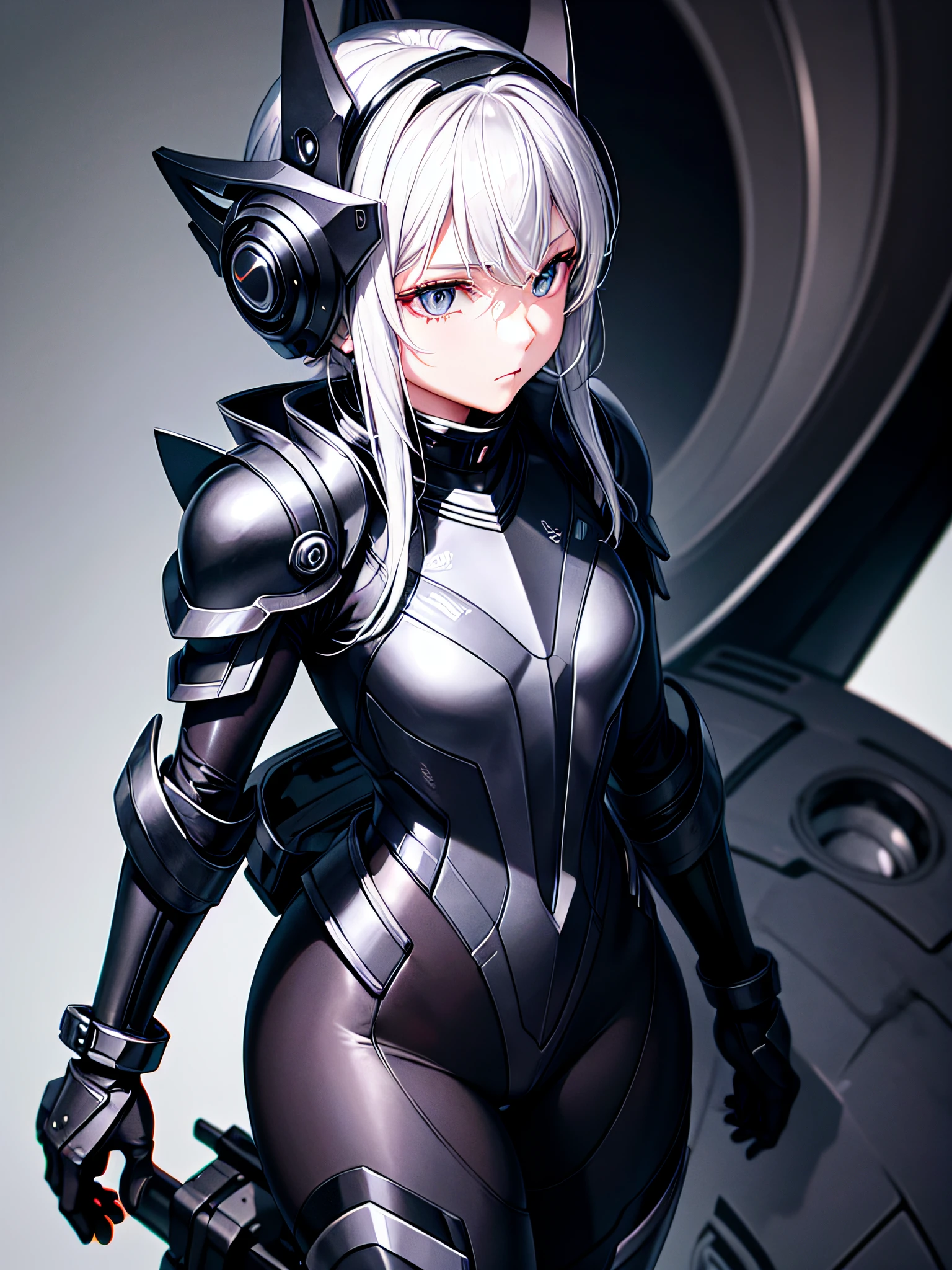 8K UHD、Silver-haired and small-nosed beauty in a black shiny black full-body rider suit wearing a black full-face helmet that covers the entire head is standing with her legs open facing the front、Wearing full black metallic armor、Upper Body Up