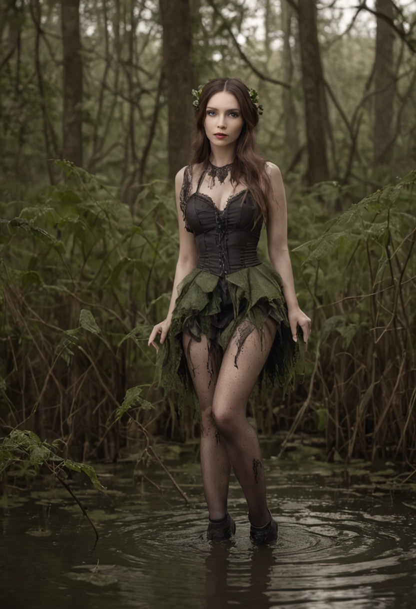 Woman in the swamp, Realistic fantasy rendering in swamps, Matte painted portrait photo, realistic fantasy photography, Mini sheer skirt, Light black stockings，There are garters on the legs, Lace transparent suspenders, Black stiletto heels,