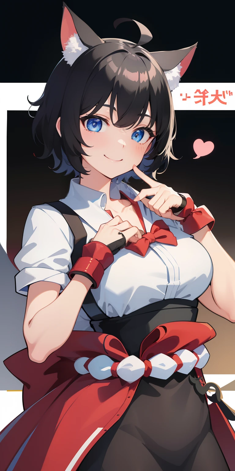 、((Best Quality, high_resolution, Distinct_image)),(Black hair), (Black cat ears), (Ahoge), (absurdly short hair), (Wavy Hair), (Blue eyes),、a smile、