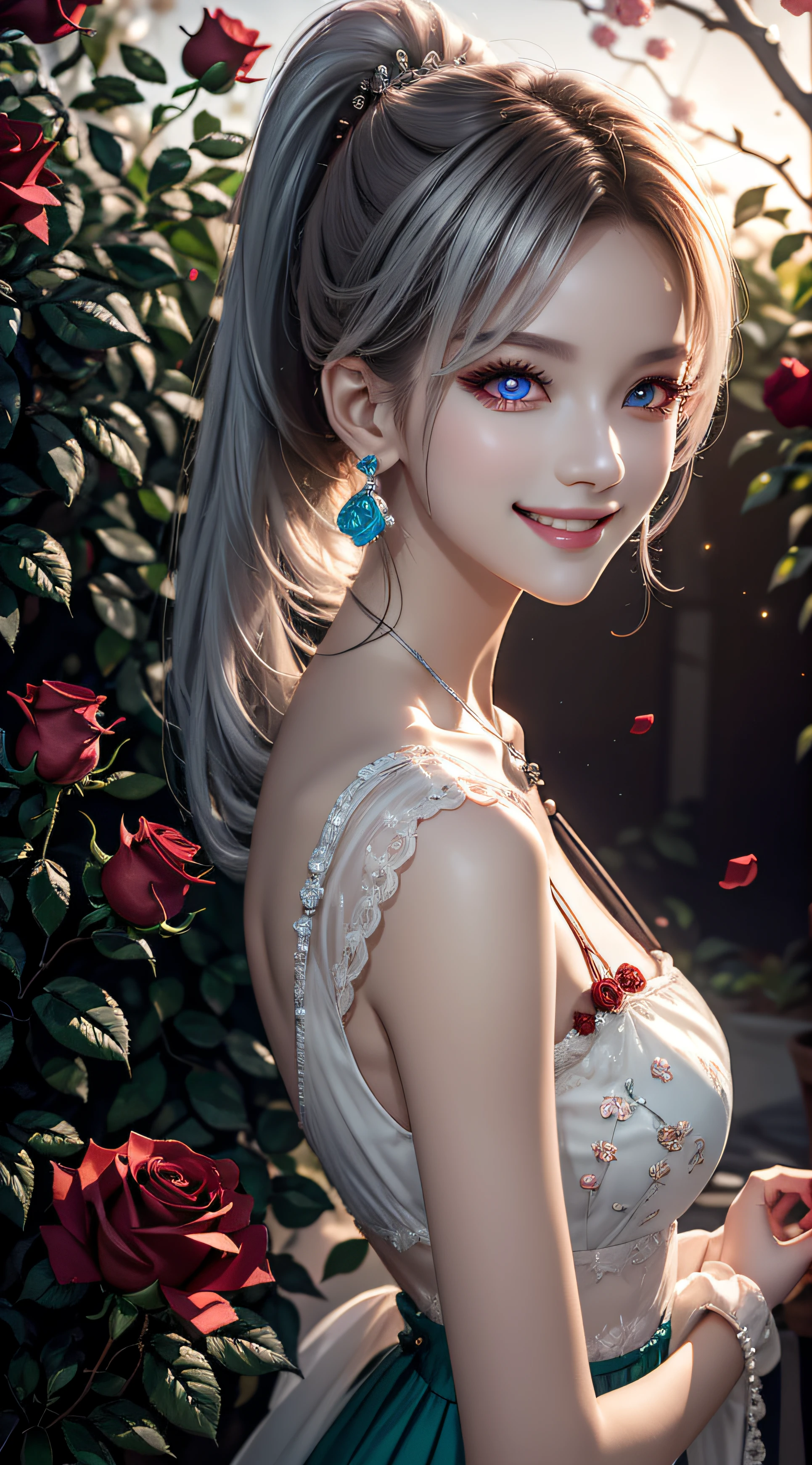 Garden covered with red roses in the background, Silver hair, front ponytail, eyes reflection, red contact lenses, Pink eyes, Fox earrings, Blue crystal pendant,Evil smile, High detail, romanticism lain, Depth of field, Sparkle, Ray tracing, viewfinder, zoom layer, Close-up, Bokeh, Anatomically correct, High details, 1080p, hyper HD