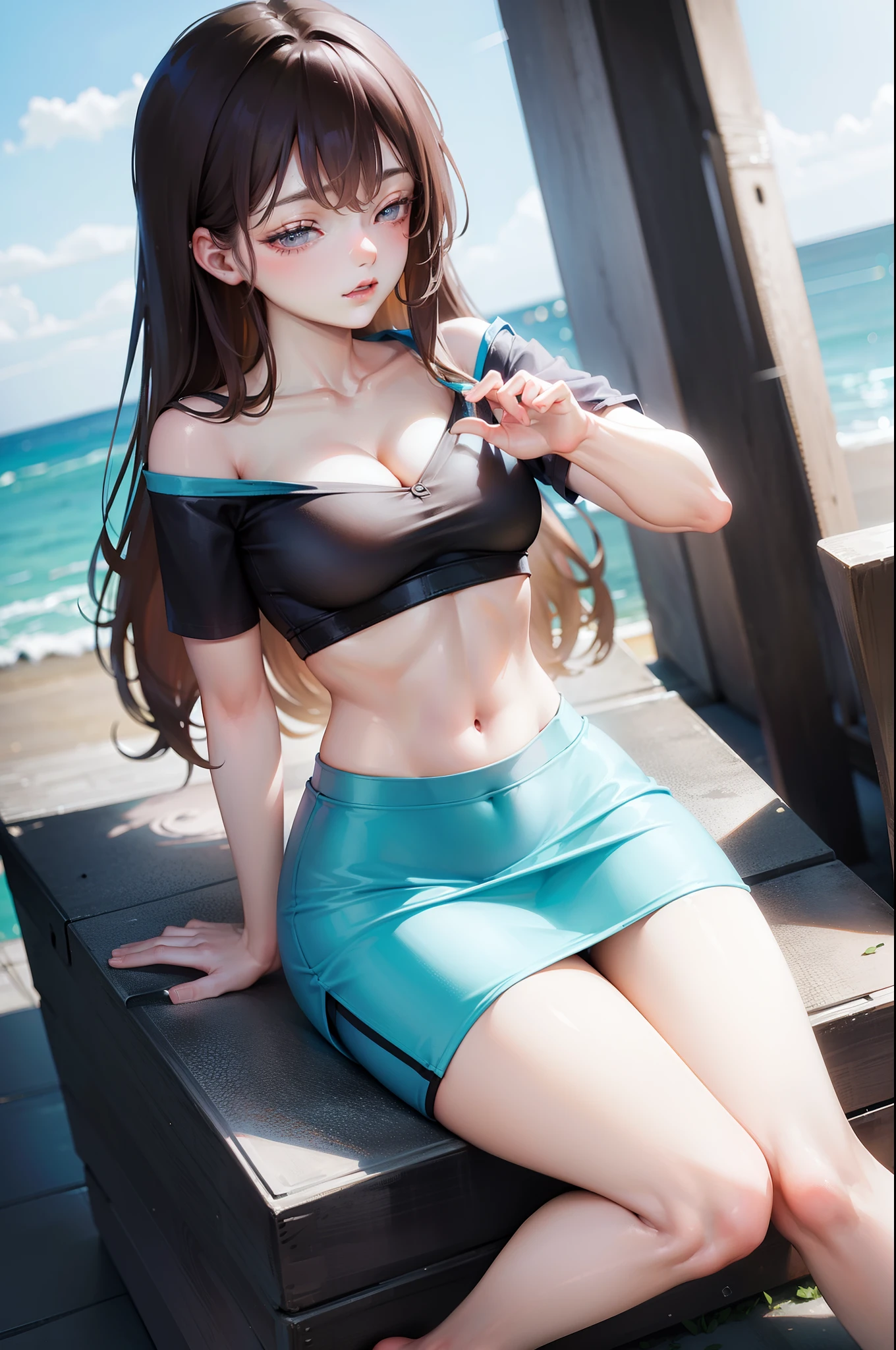 1 mature woman, brown hair, long hair, closed eyes, parted lips, BREAK blue mini skirt, (tight-fitting skirt:1.5), blue tops, (cleavage:1.3), barefoot, tottering, pain, scenery