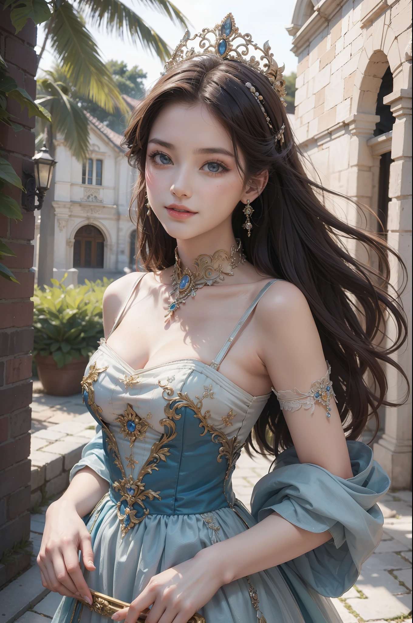 ((top-quality、​masterpiece、photographrealistic:1.4、in 8K))、Beautuful Women、18year old、beautiful expression、extremely detailed eye and face、beatiful detailed eyes、（Colorful luxury dresses in medieval European style、Princess）、Luxury accessories、（Princess of European Ruins）、The tree、Skysky、Cinematic lighting、Textured skin、Super Detail、high detailing、High quality、hight resolution、Looking at Viewer、Elegant smile、full bodyesbian、europian