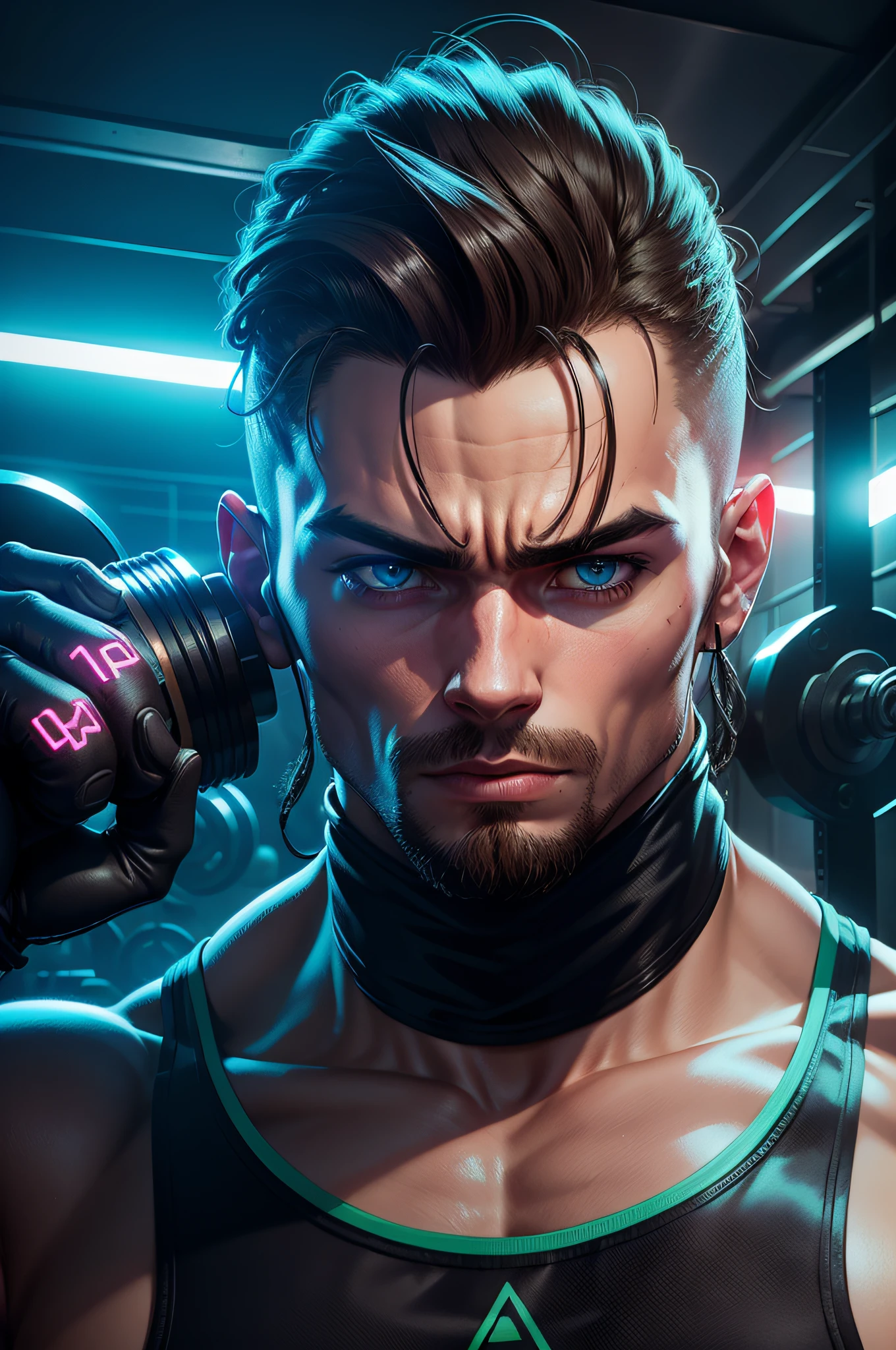 Cyperpunk gym, all neon with muscular people training