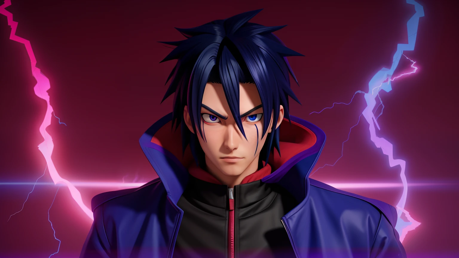 a man in a purple coat with a lightning bolt behind him, sasuke uchiha, madara uchiha, badass anime 8 k, itatchi uchiha, itachi uchiha, Estilo anime 4K, Coringa como Naruto, Coringa se parece com Naruto, Epic anime style, he's very menacing and evil, papel de parede anime 4k, Akira Akatsuki,Aomine Daiki ,Motor Unreal 5 , ray tracing, 3D-rendering