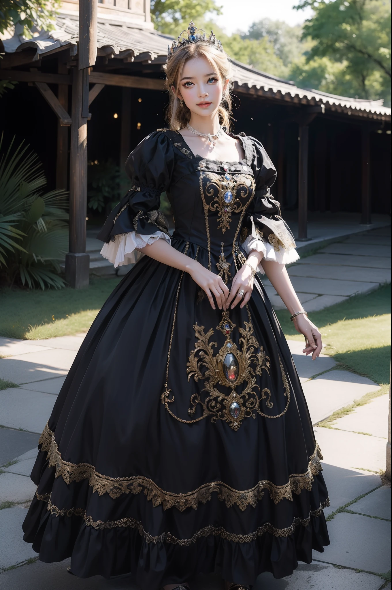 ((top-quality、​masterpiece、photographrealistic:1.4、8K))、1 beautiful detailed girl and 1 knight、extremely detailed eye and face、beatiful detailed eyes、（Dresses in the style of medieval Germany、Princess）、Luxury accessories、Elegant smile、natta、（Princess strolling through medieval German-style castle town、German-style castle in the background）、Cinematic lighting、Textured skin、Super Detail、high detailing、High quality、hight resolution、（looking at the viewers）