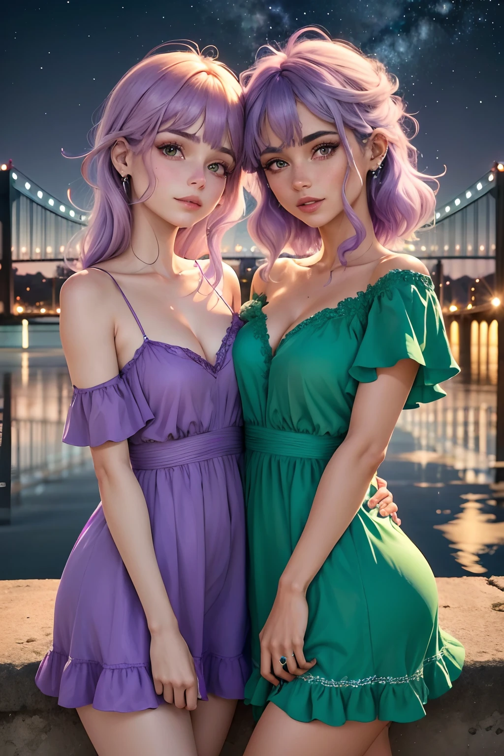 (Solo:1.2), (masterpiece:1.3), (8k, photorealistic, RAW photo, best quality: 1.4), (1girl), beautiful face, (realistic face), (purple hair, short hair:1.3), (2girl) (green hair, short hair:1.3), beautiful hairstyle, realistic eyes, beautiful detailed eyes, (realistic skin), (large perfect breasts:1.1), ample bosom, beautiful skin, (summer dress), absurdres, attractive, ultra high res, ultra realistic, highly detailed, golden ratio, (conjoined_dicephalus), (two heads:1.2)