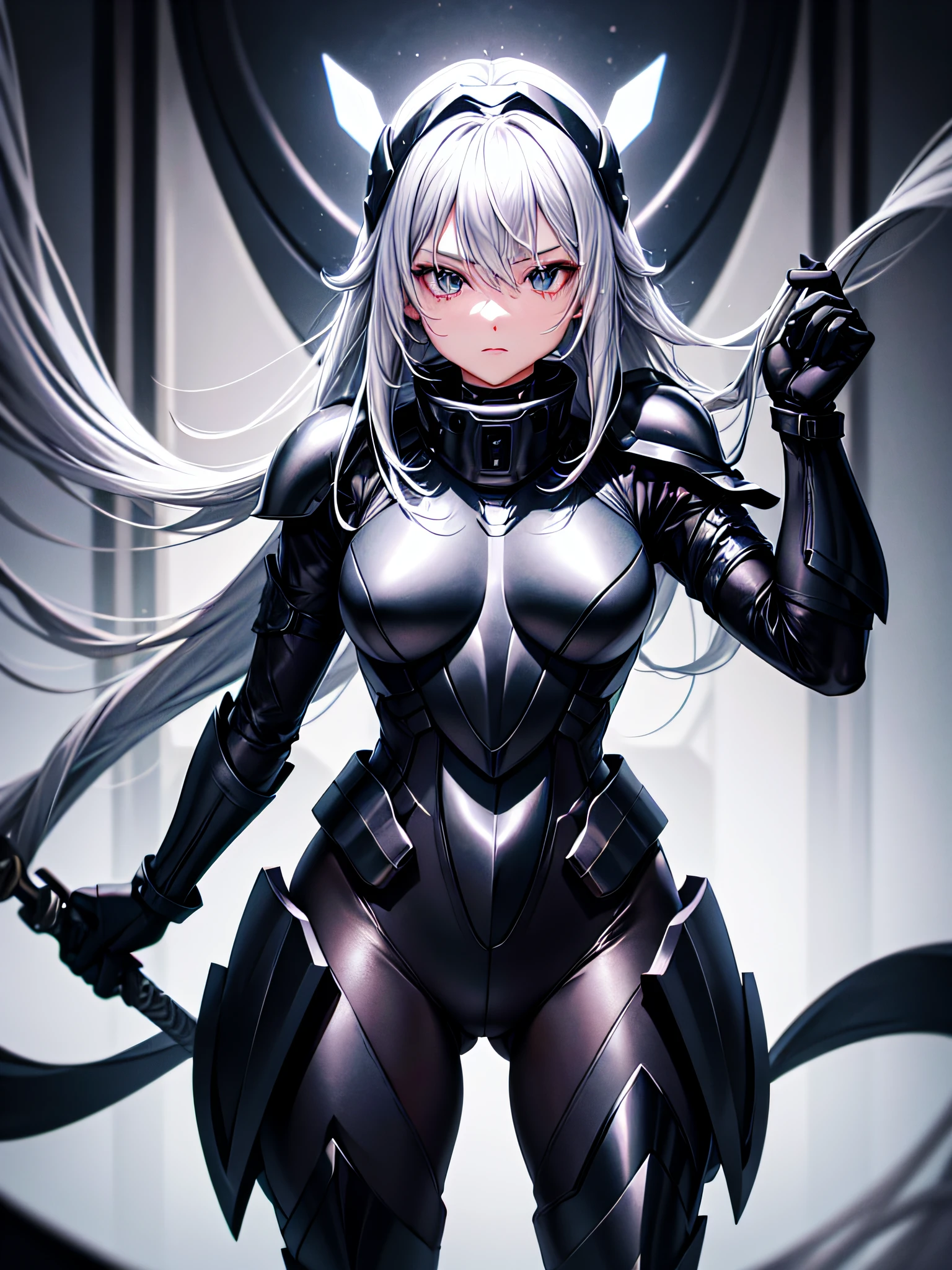 8K UHD、Silver-haired and small-nosed beauty in a black shiny black full-body rider suit wearing a black full-face helmet that covers the entire head is standing with her legs open facing the front、Wearing full black metallic armor、Upper Body Up